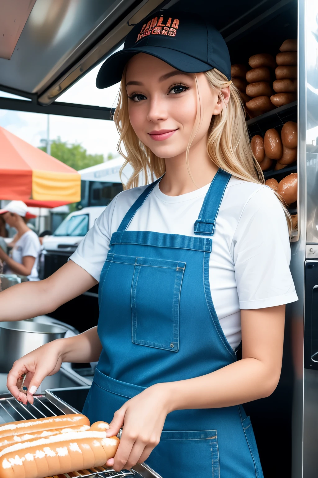 A realistic image of a 33-year-old, slender Blond Woman preparing hot dogs at a food truck, with the words "DOG PAULISTA" written on its side. She wears practical clothes suitable for working in a food truck environment. The background showcases various food truck accessories and the bustling scene of a food market. The woman's face is expressive with a slight smile, deeply detailed: 1.2, 8k ultra high definition. Her eyes are captivatingly detailed, adding depth to her realistic appearance. Cinematic and dramatic lighting casts an alluring ambiance over the scene. The high-quality image, captured using a Canon EOS R5