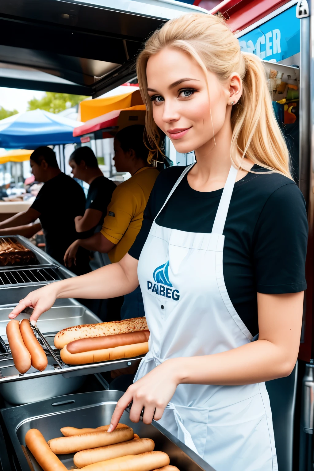 A realistic image of a 33-year-old, slender Blond Woman preparing hot dogs at a food truck, with the words "DOG PAULISTA" written on its side. She wears practical clothes suitable for working in a food truck environment. The background showcases various food truck accessories and the bustling scene of a food market. The woman's face is expressive with a slight smile, deeply detailed: 1.2, 8k ultra high definition. Her eyes are captivatingly detailed, adding depth to her realistic appearance. Cinematic and dramatic lighting casts an alluring ambiance over the scene. The high-quality image, captured using a Canon EOS R5