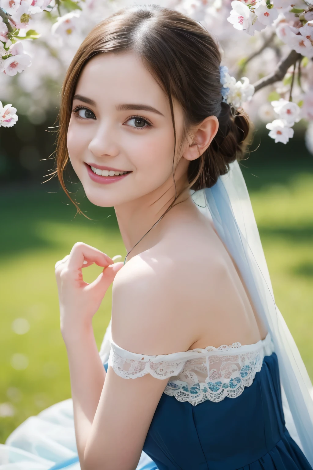 Masterpiece, Best quality, 8k, 18 ans, Photo brute, absurdes, Award-winning portrait, sourire, sourire, pure, french, elegant vibrant blue dress, spring, orchard in bloom, laces, famous singer, cute