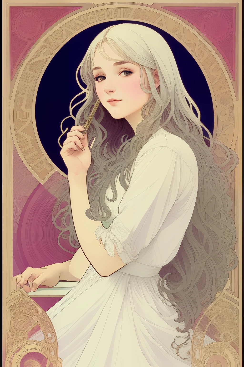 by Alphonse Mucha, , messy white hair, sailor dress, lustful, abstract spiral background
detailed, good, elegant