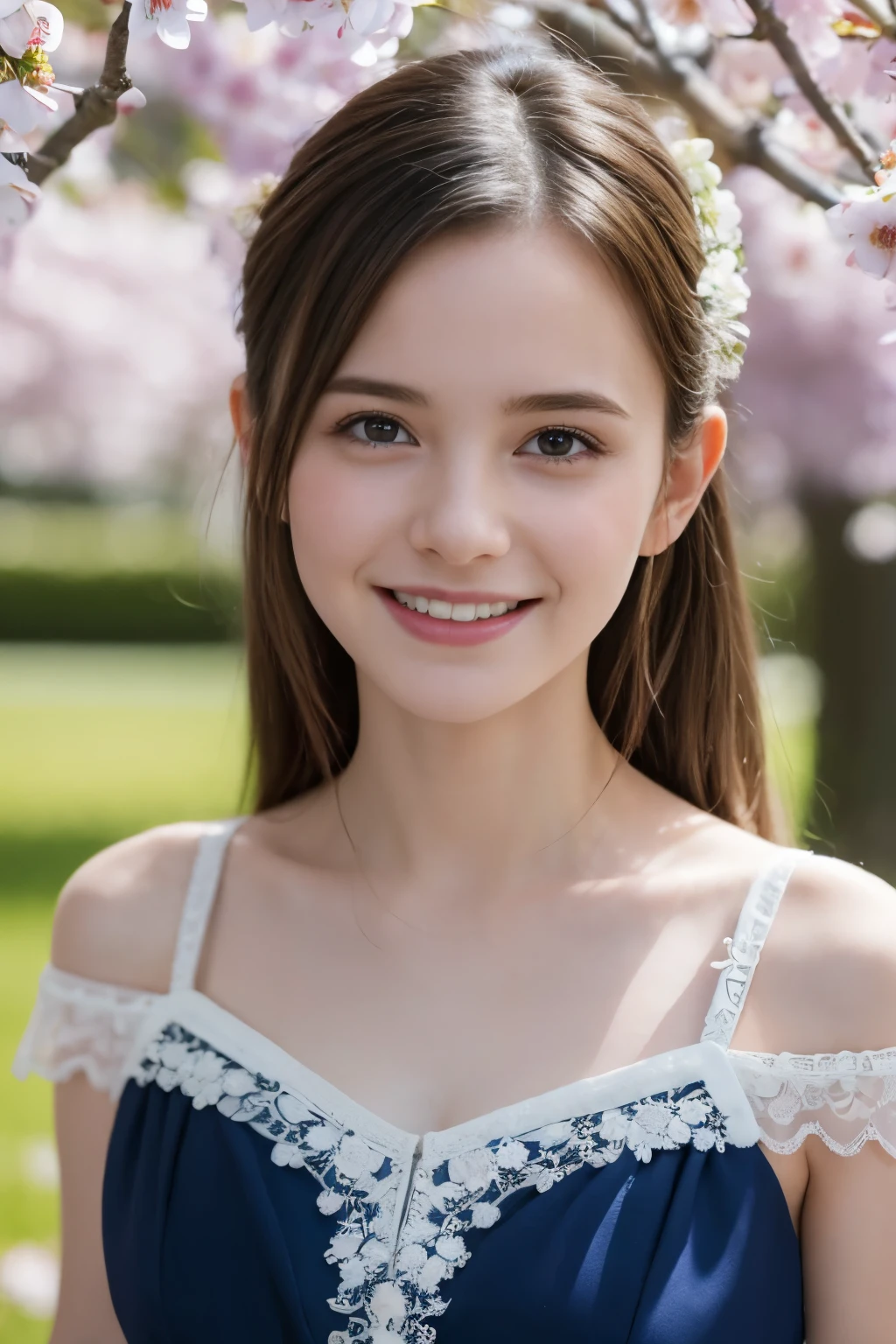 Masterpiece, Best quality, 8k, 18 ans, Photo brute, absurdes, Award-winning portrait, sourire, sourire, pure, french, elegant vibrant blue dress, spring, orchard in bloom, laces, famous singer, cute