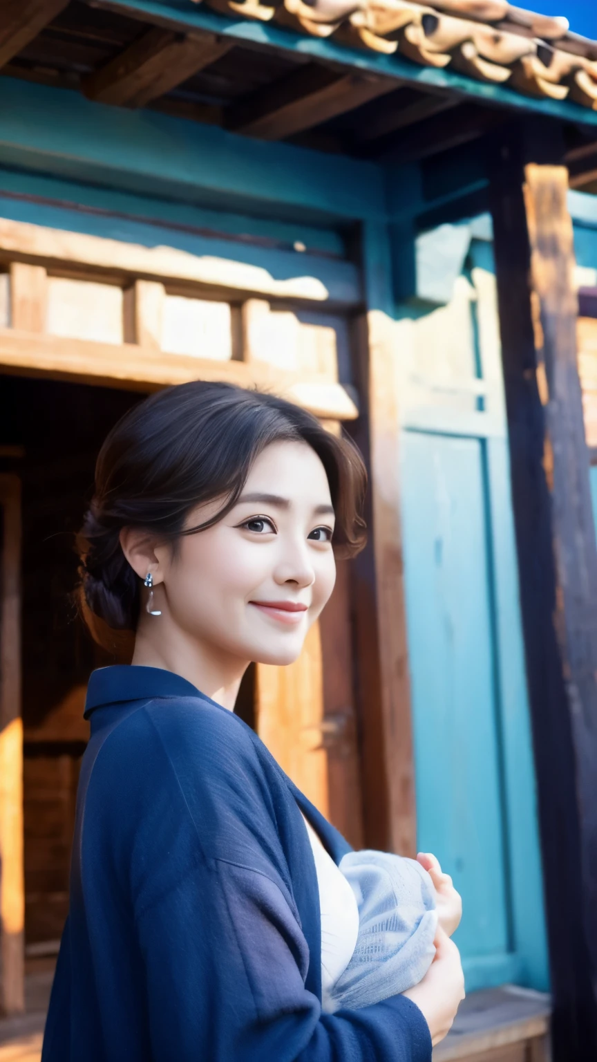 {{masterpiece, best quality, extremely detailed CG, unity 8k wallpaper, cinematic lighting}}, traditional Chinese ink painting, 1girl, 1baby, young woman holding a baby, full body, ancient architecture, blue sky, sunny day, wooden architecture, prominent protagonist, smile, big eyes, beautiful detailed eyes, (big breasts, cleavage), round ass, looking at the audience, long eyelashes,