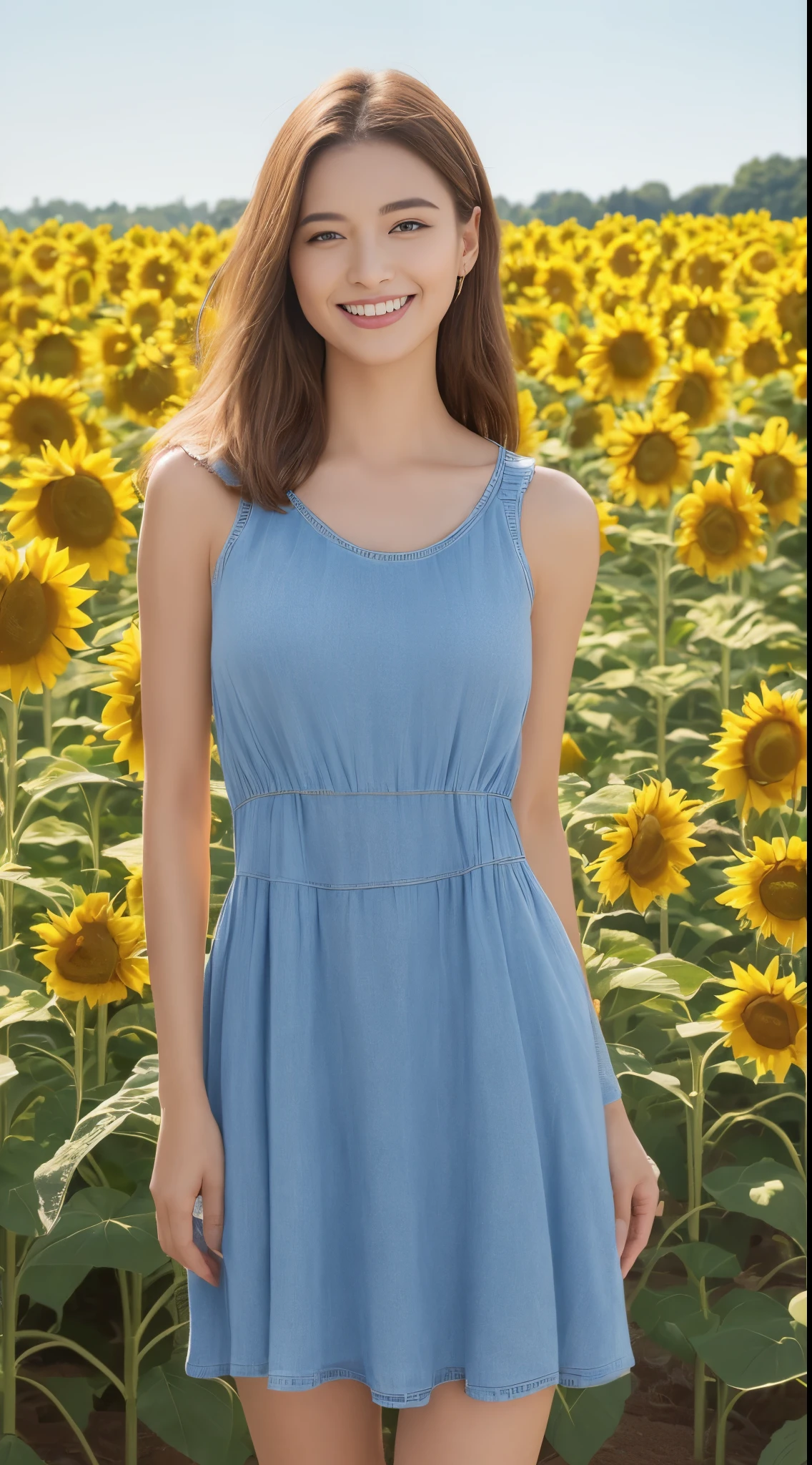 ((top-quality、8K、masterpiece:1.3))、sharp:1.2、Perfect Body Beauty:1.4、Slim abs:1.2、Big、Beautiful face、A smile、((casual dress:1.3))、(Sunflower field background:1.2)、Straight hair、Highly detailed facial and skin texture、A detailed eye、Aspect of looking at the camera、portlate