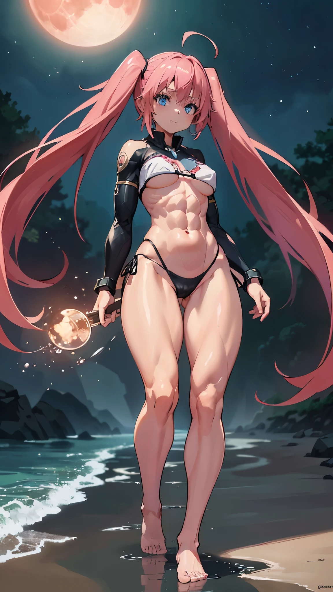 1 girl, (medium breasts))), (((wearing short bikini))), (Long pink hair), (((blue eyes))), thin arms, (on the beach at night with starry sky and blood moon full), (slim waist), (((muscular legs))), muscular belly, bare feet, (((showing me your big ass))), (full body photo), (twintails), long eyes, reflection eyepiece, Bad mood, anime, anime style, ray tracing, reflection, drop shadow, panorama, Sony FE, 8K, UDisk, artwork, Accurate, anatomically correct, Super detail, best quality, ultra-high resolution, hard drive , 16K