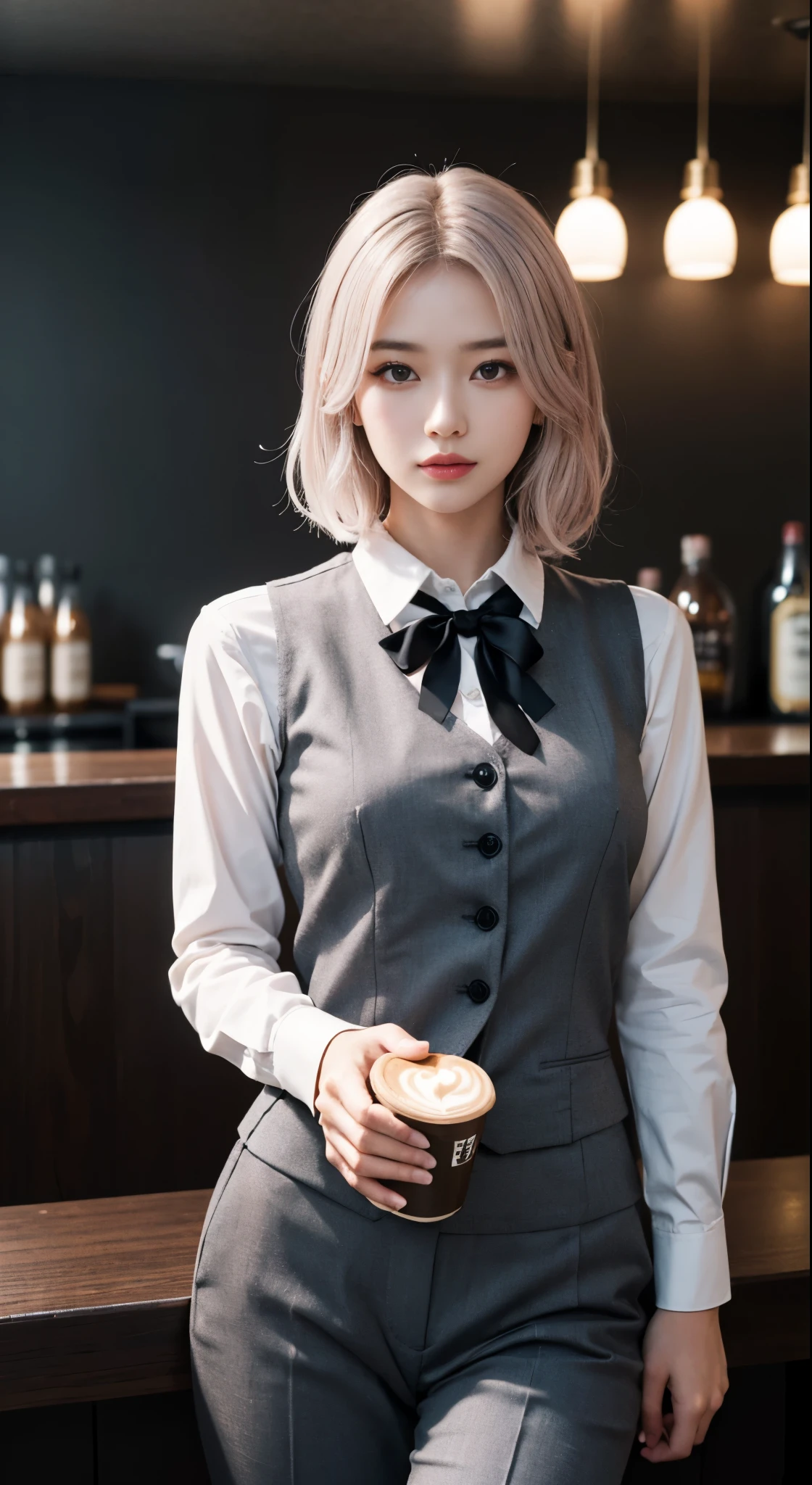 (highest quality、8k、16k、masterpiece、realistic、Super detailed、Beautiful in every detail、ray tracing)、photograph、BREAK (black and white theme:1.4), (bar-maid:1.2), (wearing a black cummer-vest over a white long-sleeved collared-shirt with bow tie:1.4), (black bow tie:1.2), (cummer-vest:1.1), (button-up:1.3), (black slacks pants with narrow waist:1.3), (Attach a name tag to vest:1.2), (dress shoes:1.2),　BREAK, ((((holding coffee milk in hand)))), (((At a stylish bar)))、beautiful asian girl、Looks like a Korean idol、25 year old female model、((whole body))、
(detailed face、golden ratio of beauty)、gentle smile、lip details、fine eyes、((silver hair pink mesh hair color))、medium bob hair、Idol style super cute face、slim and beautiful body、beautiful breasts、Glossy skin