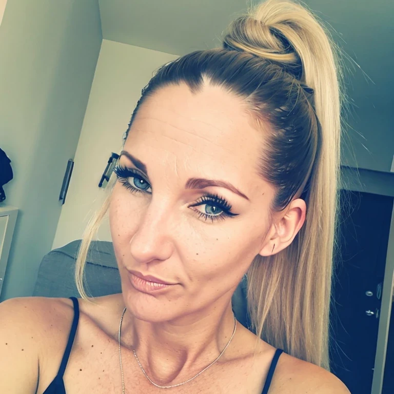 Marija, sexy ponytailed dyed blond, mole under eye, mascara, eyelashes,