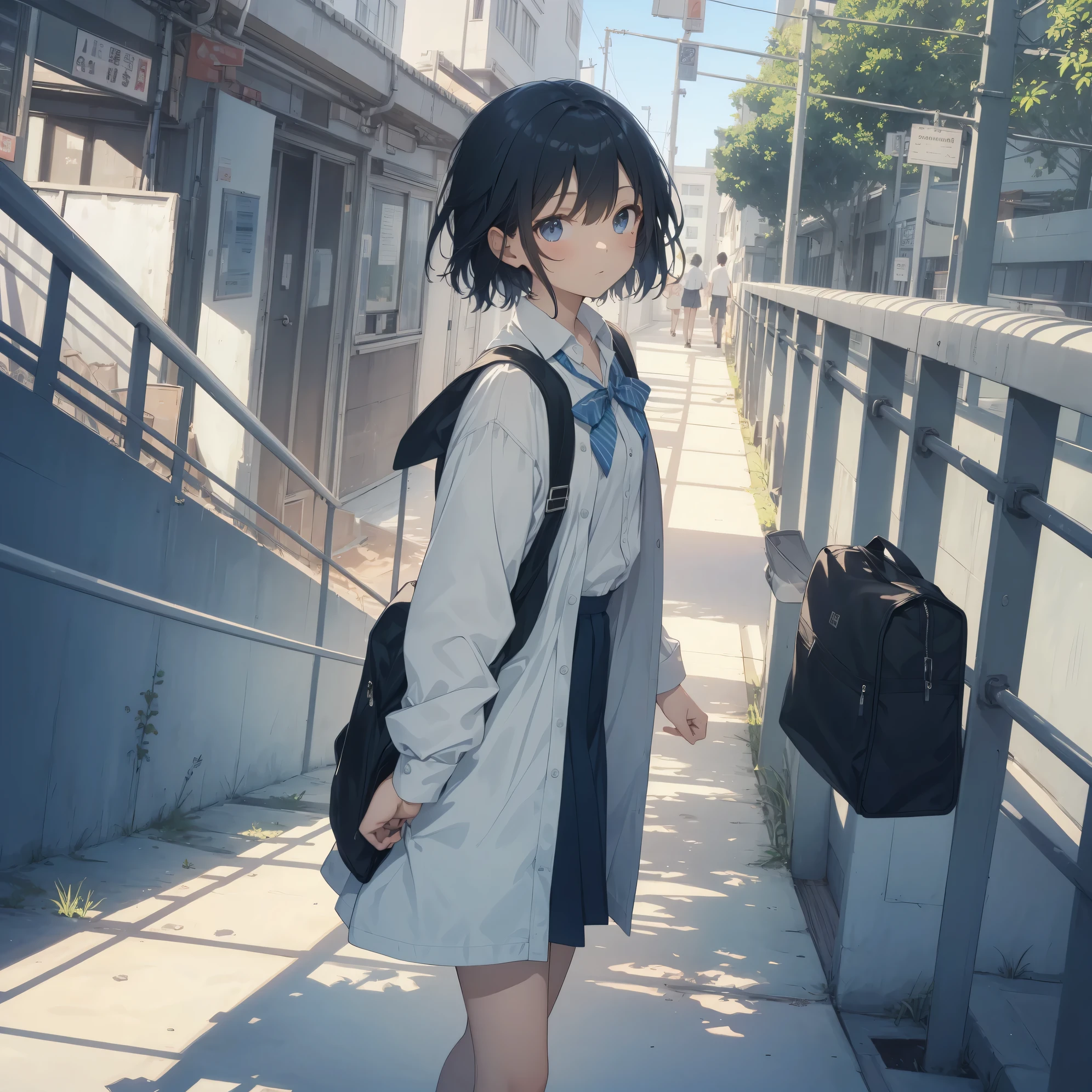Ultra-highest quality by the art god, super detailed, High resolution, anime moe art style, Best Anime 8K Kona-chan Wallpaper, pixiv contest winner, perfect anatomy, break,(眠そうにalone学校へ行く女の子を描いてください. )break,1 girl, (alone,little woman, , 13 years old:1.3),All limbs, full finger,, The charm of an immature body, (very short hair), bangs, bow, flat chest, Small Bodysuits, small ass, between legs, small black eyes, detailed and beautiful eyes, Well-proportioned iris and pupils, expressive eyes, High resolutionの詳細な髪, ribbon, neck ribbon, skirt, collared shirt, pleated skirt, school uniform, school bag,(detailed lighting), (detailed background), On the way to school. break,super dense skin, Best lighting by famous artists, 8k, cute illustration,Hmm, rough skin