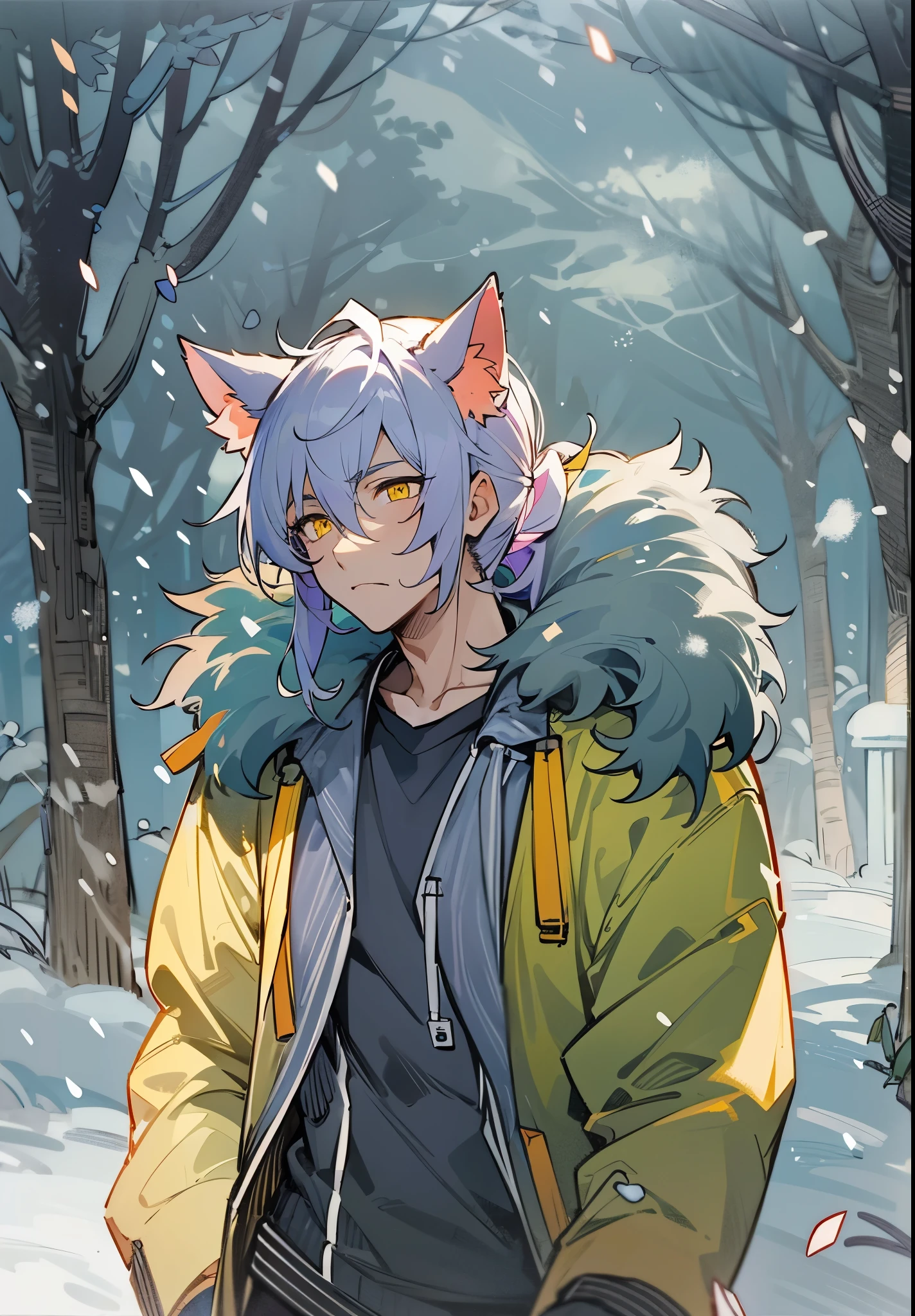 1male, Adult, purple hair, yellow eyes, cat ears, muscular, sleepy face, tired, Ponytail, Puffy fur coat, Snowing, Ice Mountain, Walking on path