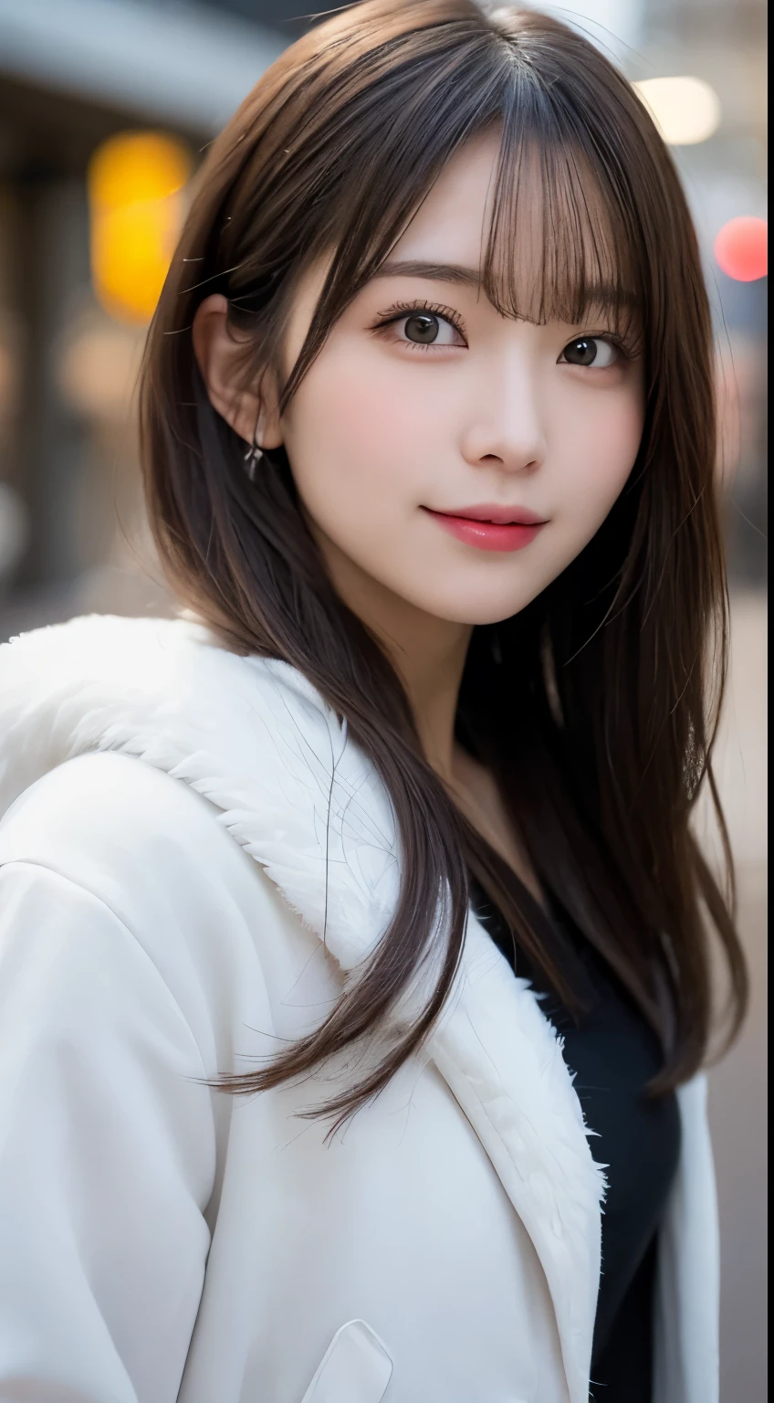 table top, highest quality, shape, Super detailed, finely, High resolution, 8k wallpaper, 完璧なダイナミックな構shape, beautiful and detailed eyes, tokyo trend冬ファッション,tokyo trend&Introducing cute hairstyles at random, small breasts, natural color lip, random sexy pose,cute smile,20 year old girl、beautiful and detailed face、perfect and beautiful face,Big eyes、Wear fluffy black outerwear with fur、beautiful and detailed face、perfect and beautiful double eyelids、blur the background、perfect and beautiful face、Feminine poses、blur the background、slim face and style、blur background