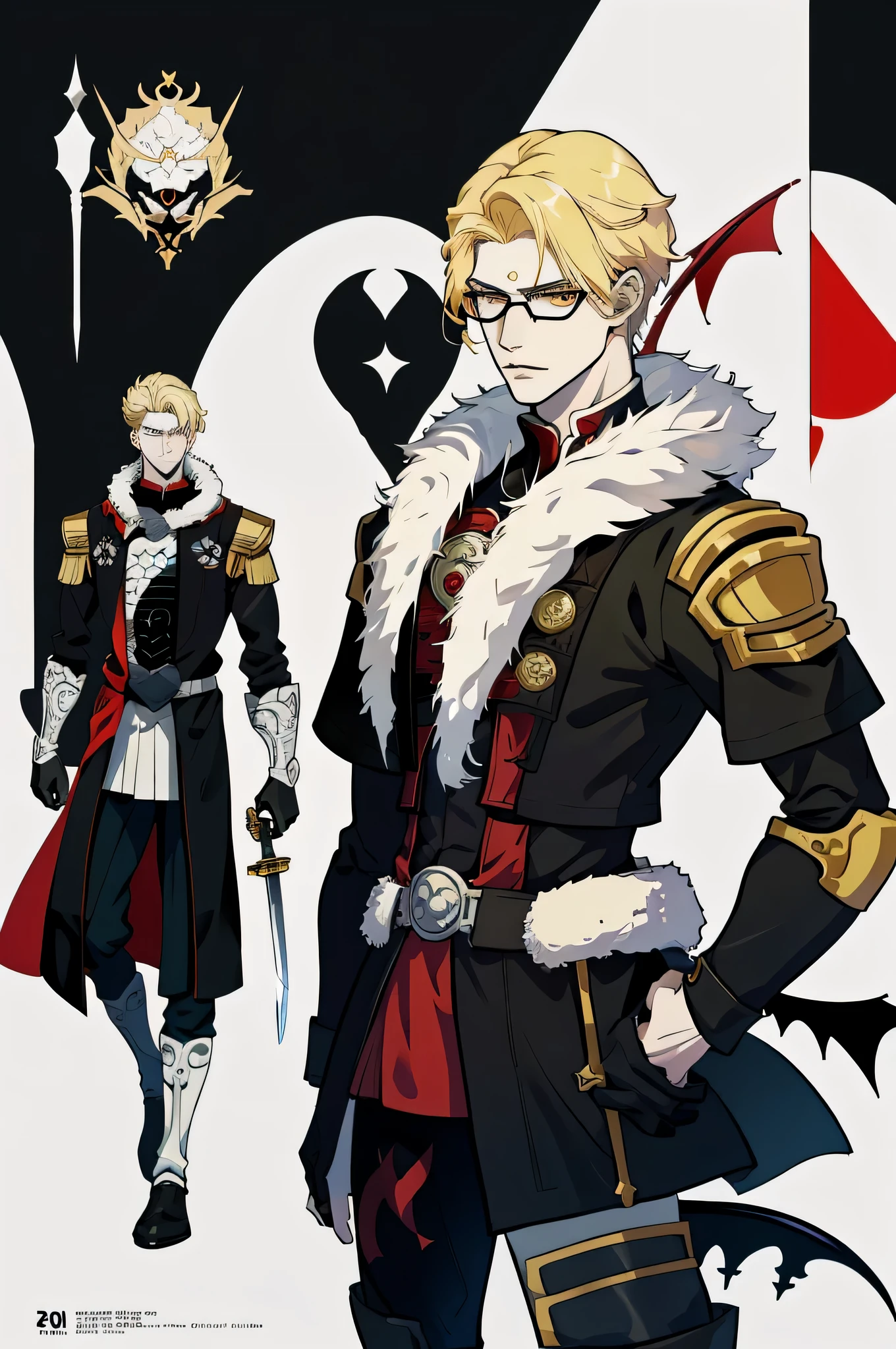 Anime character with blonde hair and red glasses holding a sword, terrible anime 8k, Demon slayer art handsome man, Anime original picture, trigger anime art style, son of spada, Best Anime 4K Kona-chan Wallpaper, by Jan J., Trending with Art Station Pixiv, Zerochan Art, official character art, detailed anime character art,((whole body)),