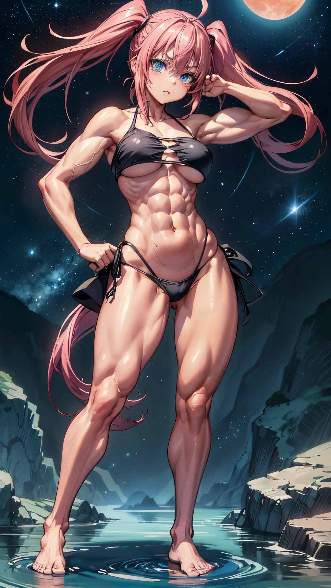 1 girl, (medium breasts))), (((wearing short bikini))), (Long pink hair), (((blue eyes))), thin arms, (on the beach at night with starry sky and blood moon full), (slim waist), (((muscular legs))), muscular belly, bare feet, (((showing me your big ass))), (full body photo), (twintails), long eyes, reflection eyepiece, Bad mood, anime, anime style, ray tracing, reflection, drop shadow, panorama, Sony FE, 8K, UDisk, artwork, Accurate, anatomically correct, Super detail, best quality, ultra-high resolution, hard drive , 16K