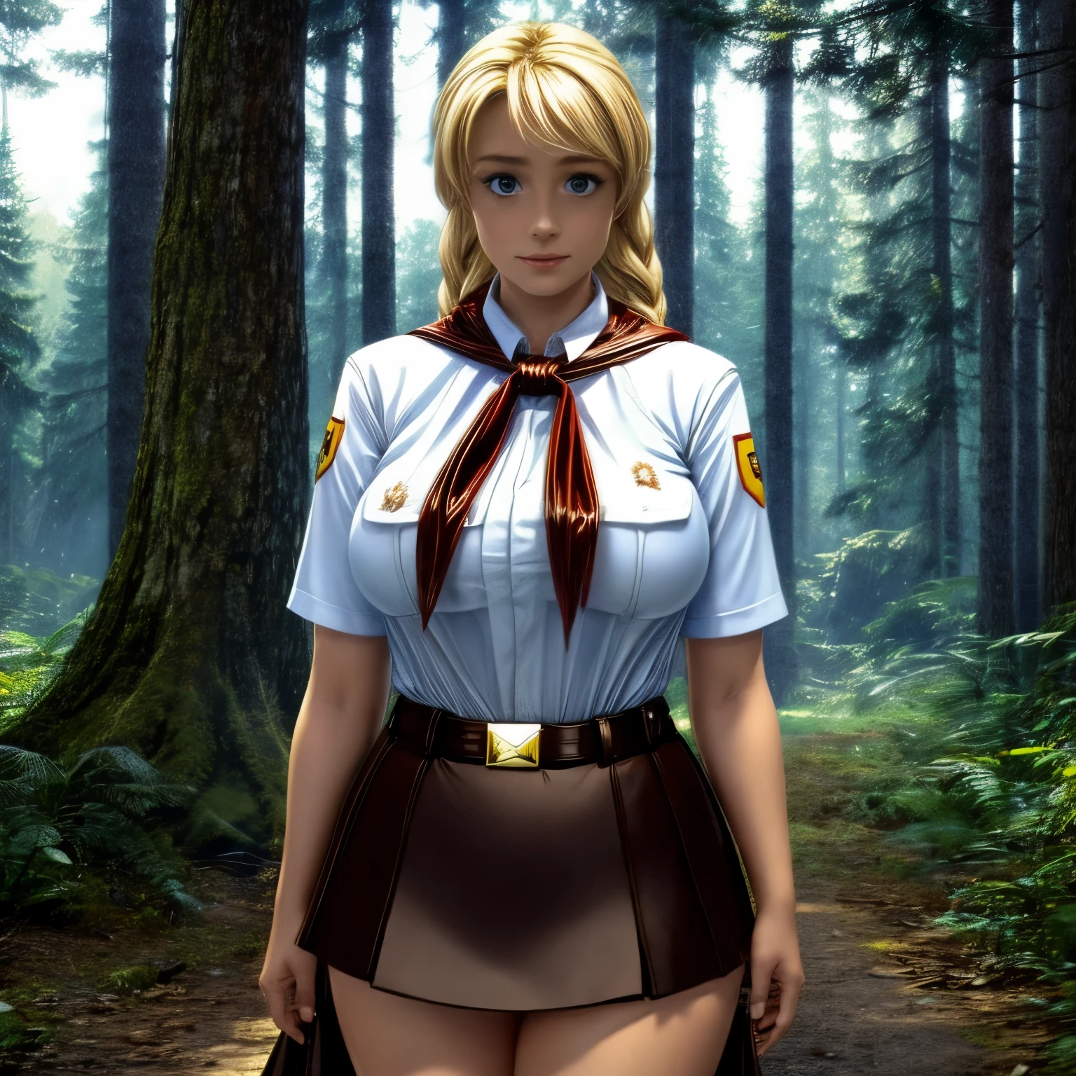 (masterpiece), (anime), (detailed) 1girl, blslavya, blonde hair, twin braids, hair over shoulder, red badge on shirt, face: (perfect face, very beautiful face, thin face, blue eyes, shy, small smile), figure: (very chubby, very chubby belly, muffin top, sexy, belly overhang, belly bulge, curvy, big breasts, love handles, thunder thighs, very full body) , clothes: (red bow-tied neckerchief, tight leather belt, tight wet white shirt, very tight blue skirt), (dynamic shot), outdoors, forest, 