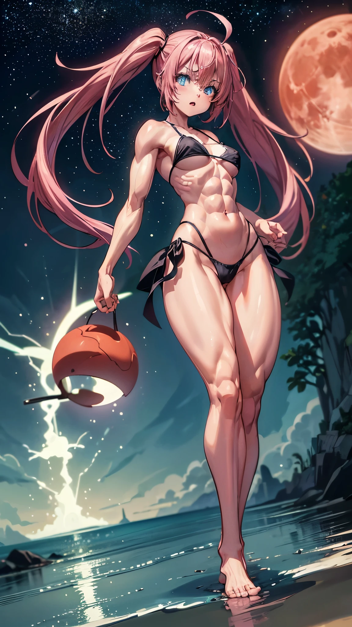 1 girl, (medium breasts))), (((wearing short bikini))), (Long pink hair), (((blue eyes))), thin arms, (on the beach at night with starry sky and blood moon full), (slim waist), (((muscular legs))), muscular belly, bare feet, (((showing me your big ass))), (full body photo), (twintails), long eyes, reflection eyepiece, Bad mood, anime, anime style, ray tracing, reflection, drop shadow, panorama, Sony FE, 8K, UDisk, artwork, Accurate, anatomically correct, Super detail, best quality, ultra-high resolution, hard drive , 16K