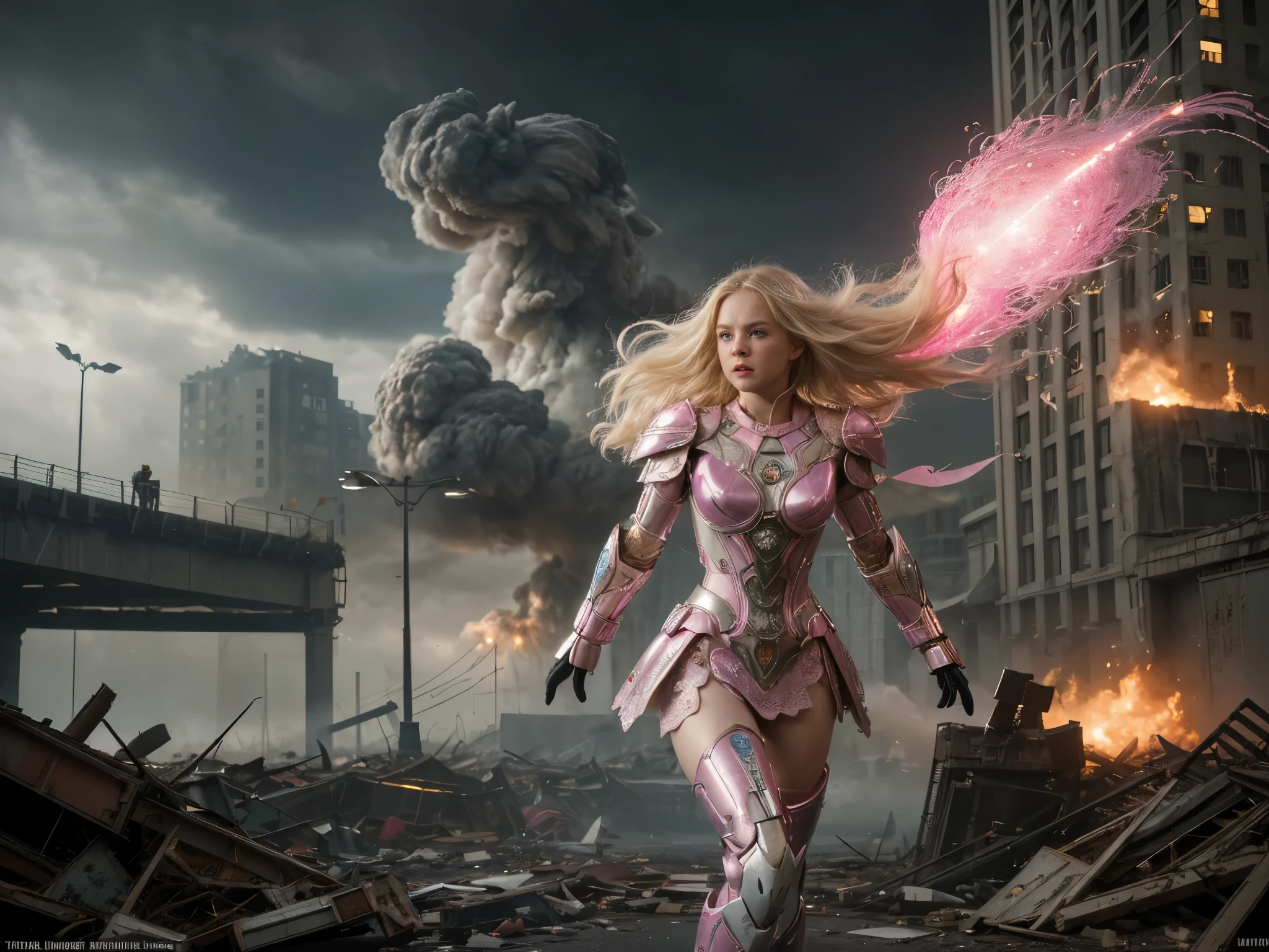 (best quality,4k,8k,highres,masterpiece:1.2),ultra-detailed,(realistic,photorealistic,photo-realistic:1.37),A hero from another world,cute blond,beautiful detailed eyes,beautiful detailed lips,extremely detailed eyes and face,long eyelashes,pink lace,mecha,space,hot,full length,shiny armor,glowing energy sword,heroic pose,futuristic setting,vibrant colors,celestial background,cosmic lighting,adventure,fearless,protecting the universe, head to toe, full length picture