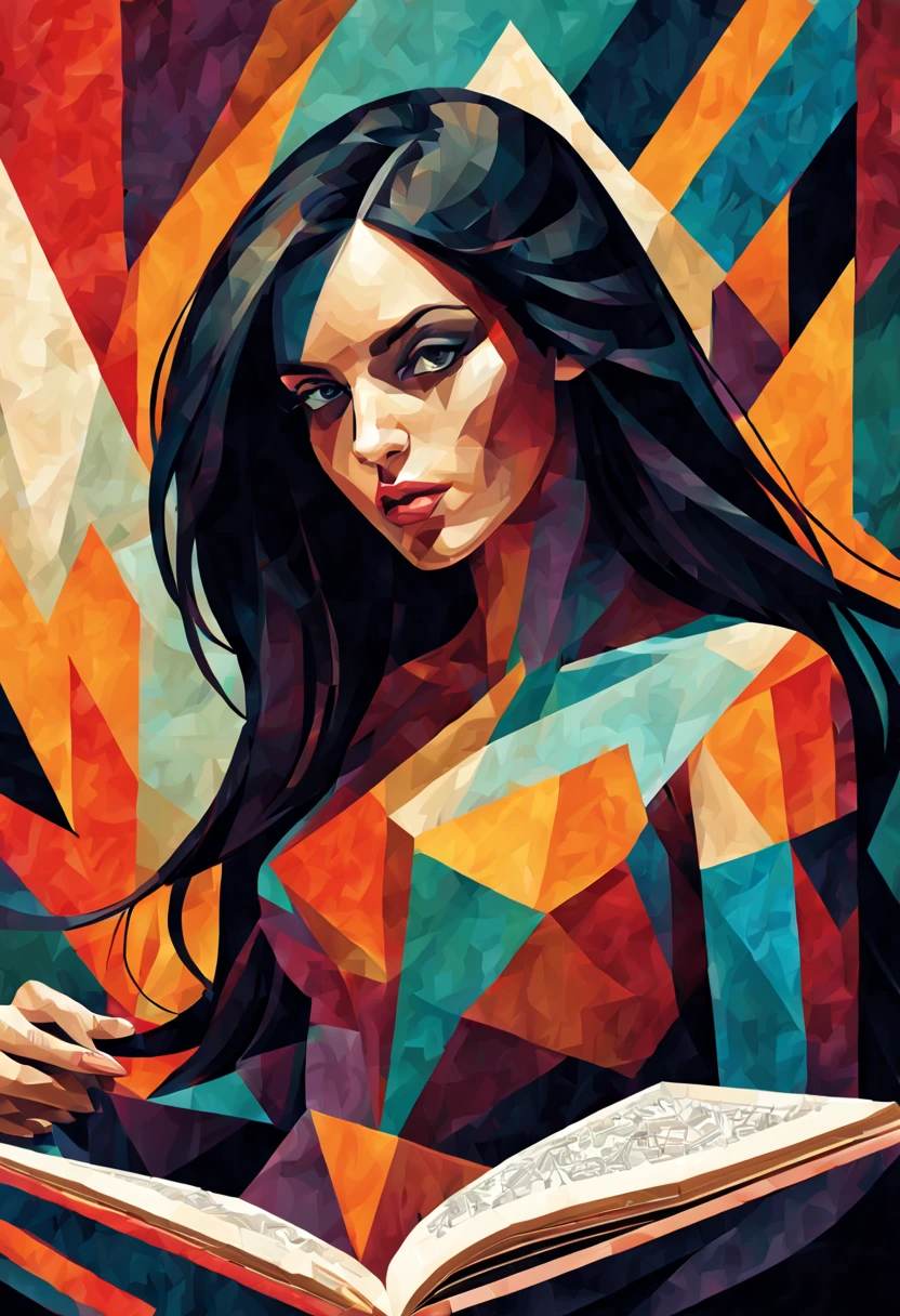 Analytical Cubism Illustration Design a perfect pretty girl, black long hair, Split-Complementary color guide, Plasma Energy Texture, abstract background, reading a book, dramatic angle, SimplepositiveXLv1,, Illustration Design, often for illustrative art, visual storytelling, or creative illustrations., Analytical Cubism, often for geometric deconstruction, monochromatic palette, or fragmented forms.