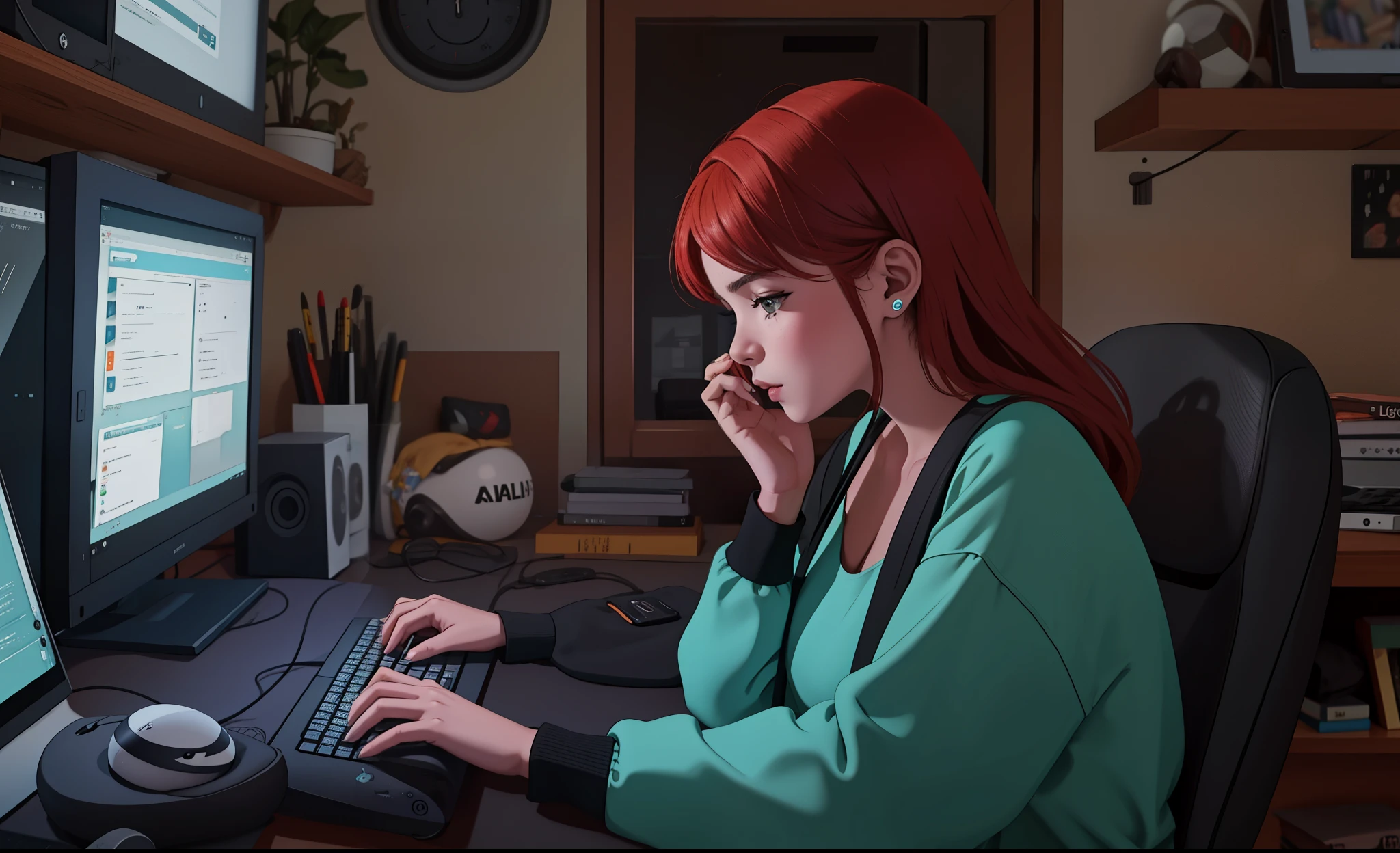 lofistudy, 1 garota, de lado, digitando, ruiva, olhos azuis, cadeira, computador, Fones de ouvido, Dentro de casa, teclado_\(computador\), portable computer, monitor, rato_\(computador\), monitor, cortinas, noite, janela, milan background