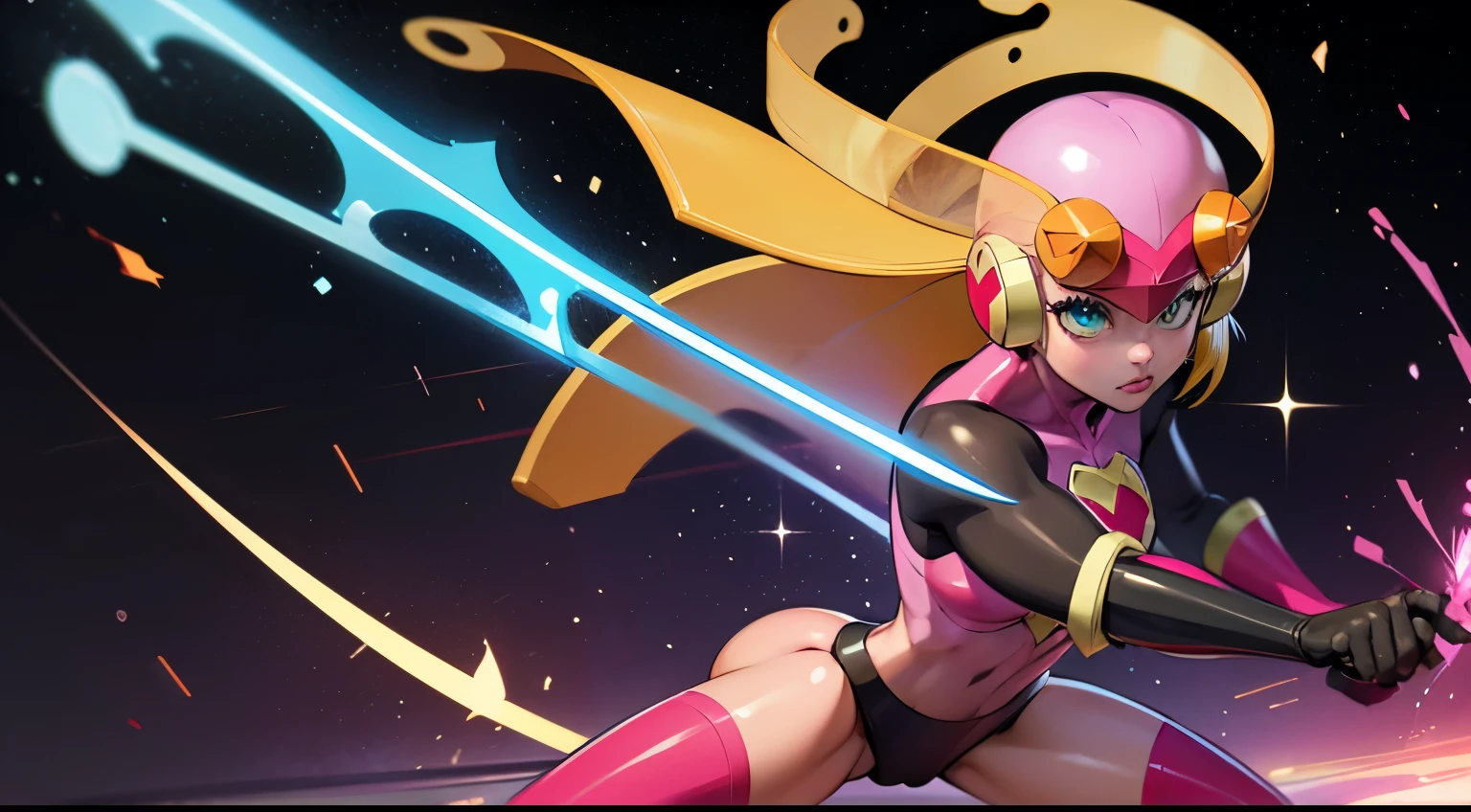 1 supercute girl wear a roll.exe armor, mechanical wing, Space War Background, pink Aura Body, pink helmet, yellow antenna on head, Supernove Power, Light blonde Hair, Red Eye, Perfect Body, Sexy, neon glow, Shooting Beam Cannon, Sad mood, very detailed, Fighting stance, mecha musume, detailed eyes, detailed face, Anime Art, Anime Style, Anime.