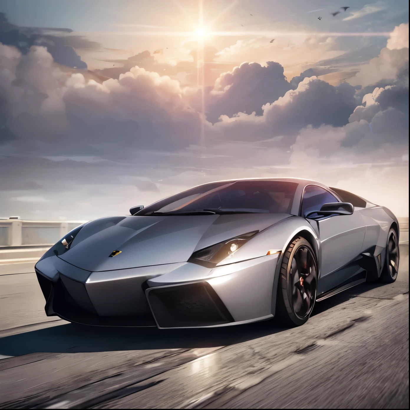 Make a lamborghini model reventon  driving action shot, high speed in miami street, [carhelper:photohelper], Retrofutur, motion blur, CinemaHelper, Chrome reflections, sun flare, Extremely detailed, Intricate details