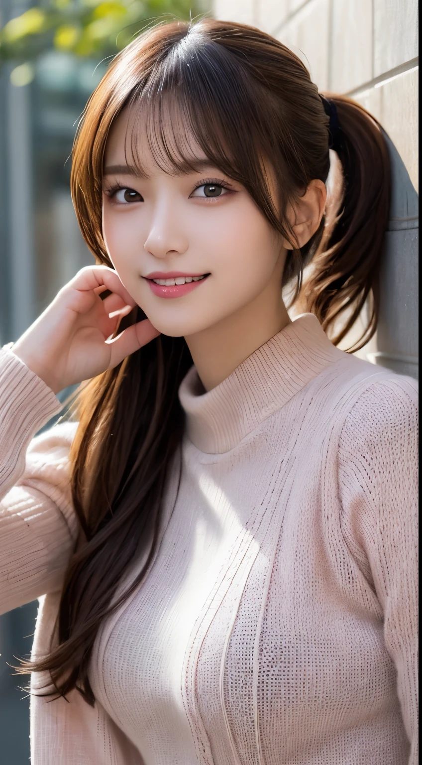 masutepiece, Best Quality, Illustration, Ultra-detailed, finely detail, hight resolution, 8K Wallpaper, Perfect dynamic composition, Beautiful detailed eyes, Wearing a light pink sweater, Ponytail hair,Brown hair color ,Small breasts, Natural Color Lip, Random and sexy poses,Random situations,Slender body,Slender face,A big smile