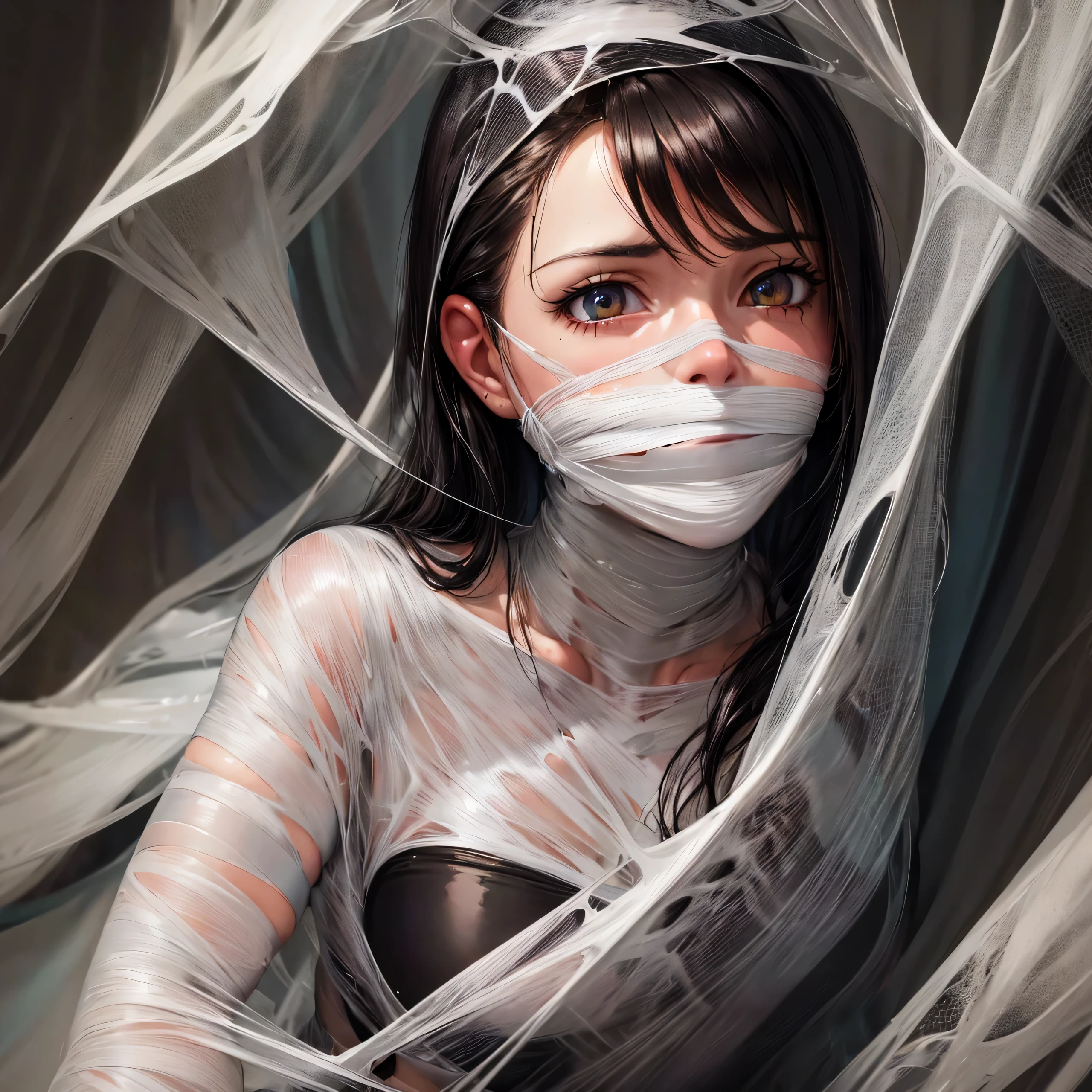 ing from the ceiling, dim lighting, dark atmosphere, oil painting style, vibrant colors, intense emotion. (best quality, highres, ultra-detailed, realistic:1.2), spiderweb, trapped, delicate facial features, fear in her eyes. half body visible,(gagged:1.4),