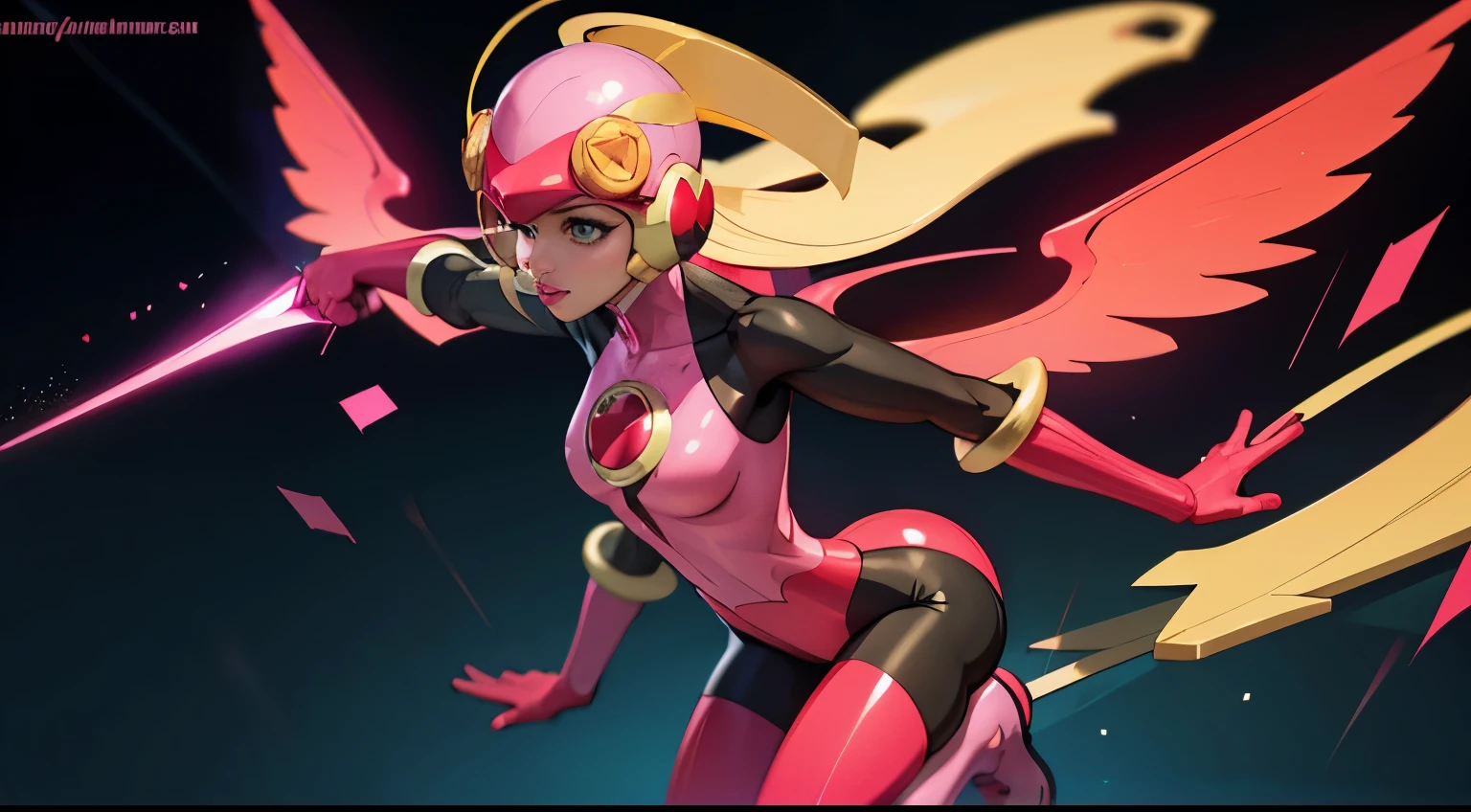 1 supersexy girl wear a roll.exe bodysuit, mechanical wings, Space War Background, pink Aura Body, pink helmet, yellow antenna on head, Supernove Power, Light blonde Hair, large ponytail, Red Eye, Perfect Body, Sexy, neon glow, hovering, very detailed, Fighting stance, mecha musume, detailed eyes, detailed face