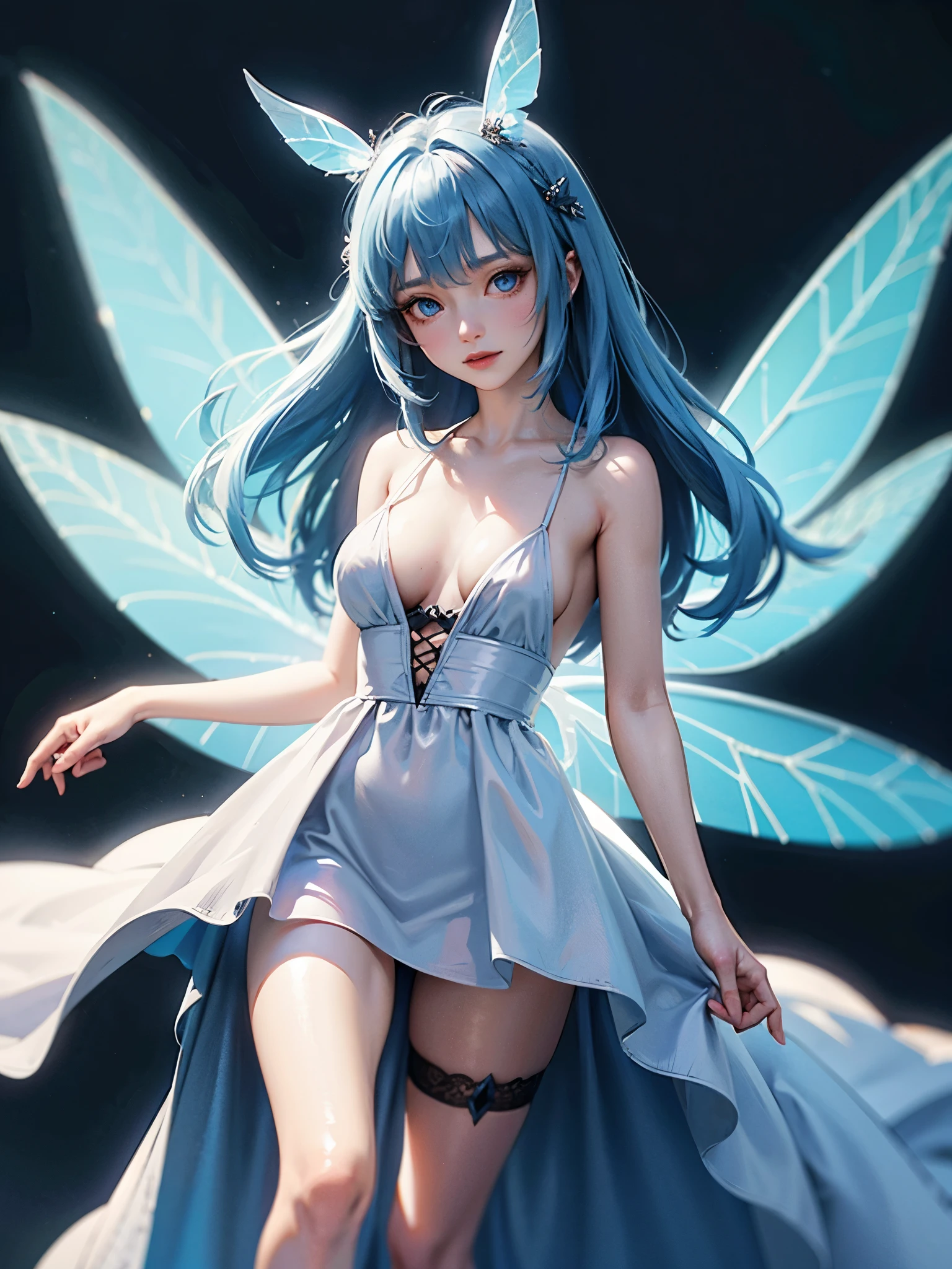 Nymph, blue eyes, fairy, blue hairs, Fluffy dress, wings, masterpiece, magic, sharp, ultrasharp, 8k, dark background, no background objects,