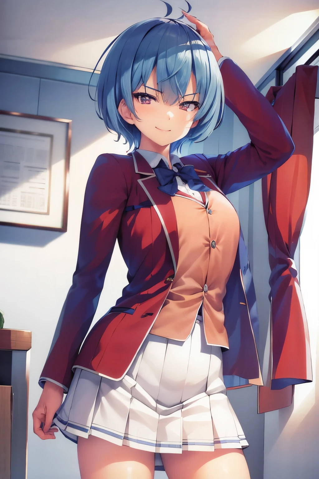 masterpiece, best quality, highres, 1girl ibuki mio short hair blue hair, white skirt red jacket open jacket smile, standing, indoors, from behind