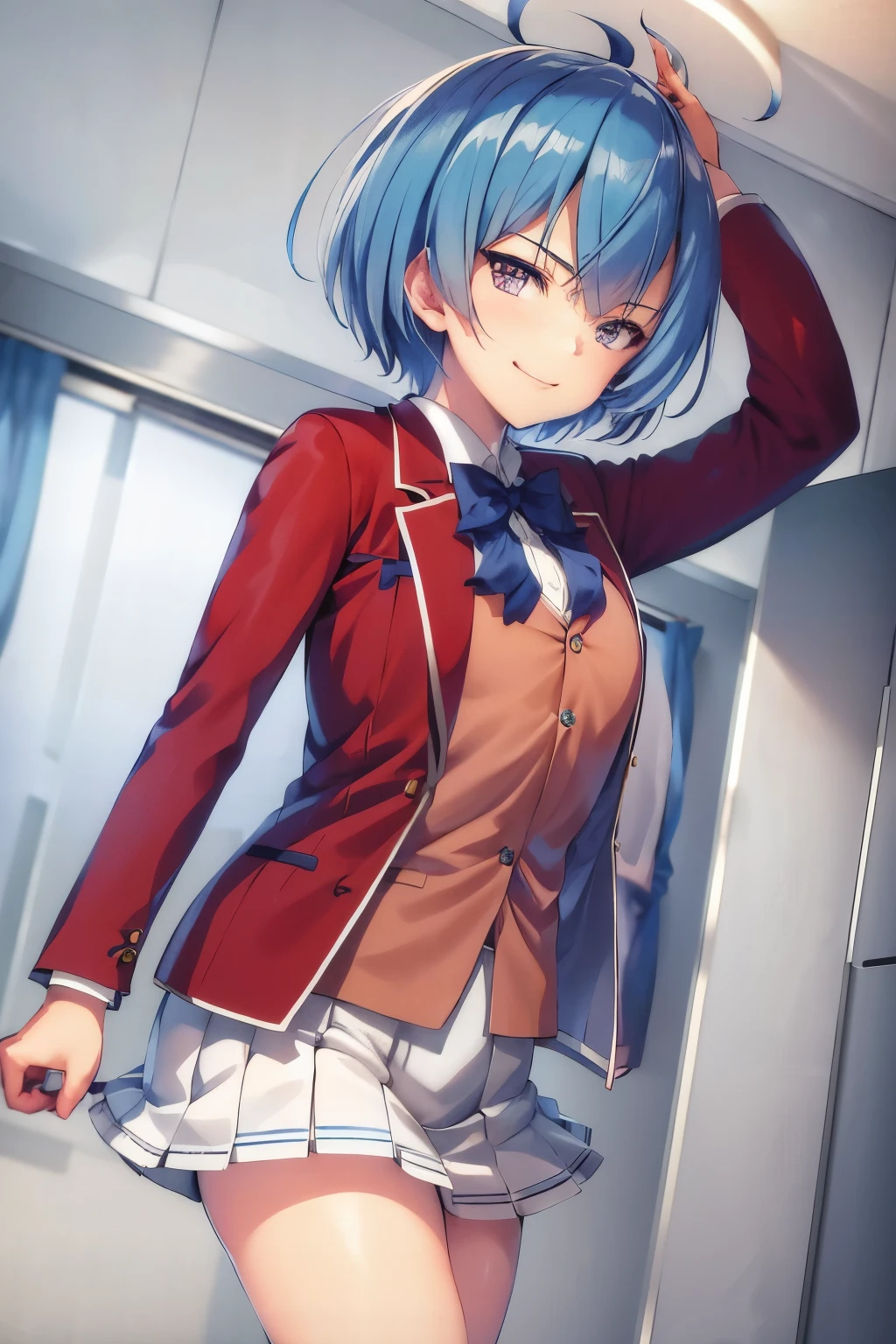 masterpiece, best quality, highres, 1girl ibuki mio short hair blue hair, white skirt red jacket open jacket smile, standing, indoors, from behind