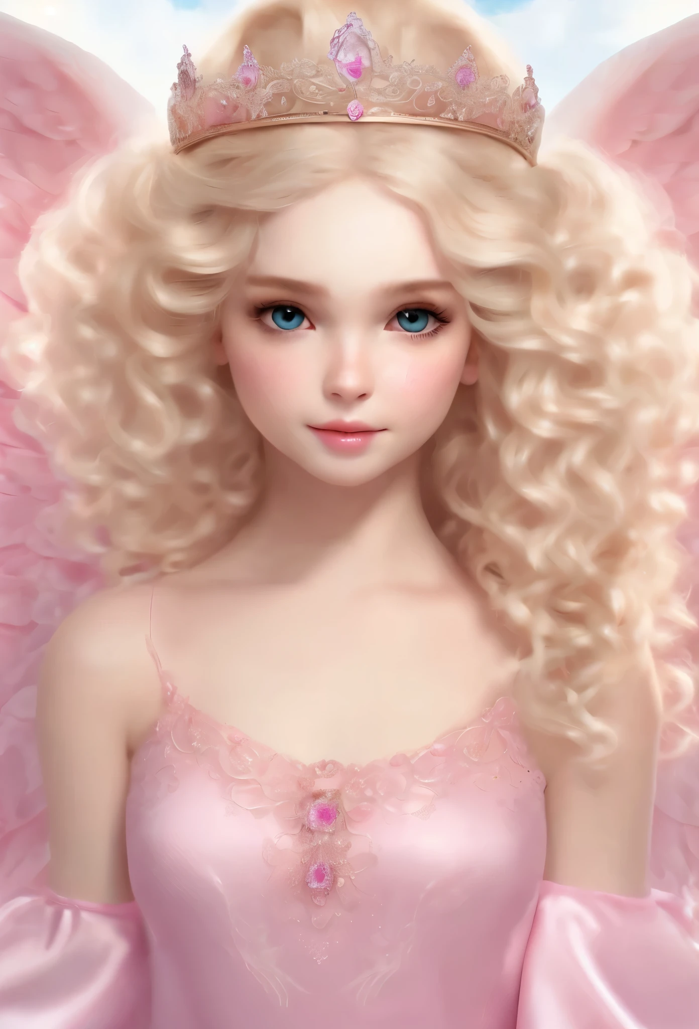perfectly cute girl,blonde hair,Fluffy and soft curly hair,wears a tiara in hair,white skin,emphasizing the angel,facing forward,Eyes meet,She is wearing a pink turtle lace blouse.,background is white