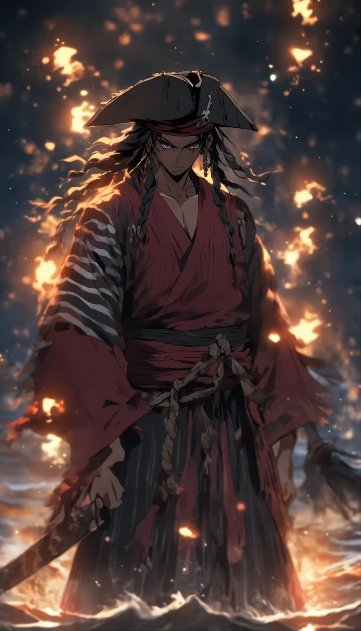 A young pirate, scar on his eyebrow, red pirate hat, (((masterpiece))), ((best quality)), (extremely detailed), watercolor, illustration, depth of field, sketch, dark intense shadows, sharp focus, soft lighting, hdr, colorful, good composition, fire all around, spectacular, black eyes, japanese clothes, best quality, very high resolution, detailed CG in 4K, masterpiece, Ogoun, war, blood, machete, black clothes, voodoo mythology, aesthetics, beautiful image, centered on screen, the whole body, no earings
Masterpiece, Best Quality, A young man in the costume of a Japanese god, Long black waist-length hair with white stripes, holds a flashlight in the form of an eye in his hand, stands on the surface of the water