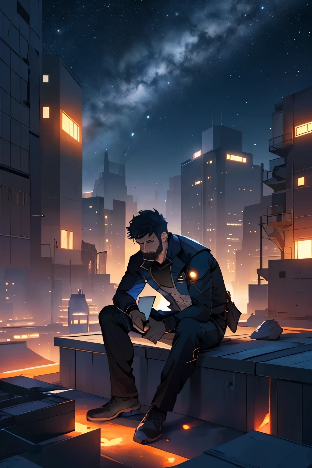 Draw a young programmer, sitting on a research platform floating in the middle of an apartment roofdeck. He is studying with a notebook, surrounded by several asteroids glowing with fiery auras. 
Dramatic lighting from distant stars and planets illuminates the scene, casting deep shadows on the suit. The young man looks confident and determined, looking at the vast and mysterious 
city skyline with wonder and respect,facial hair, cowboy shot,
