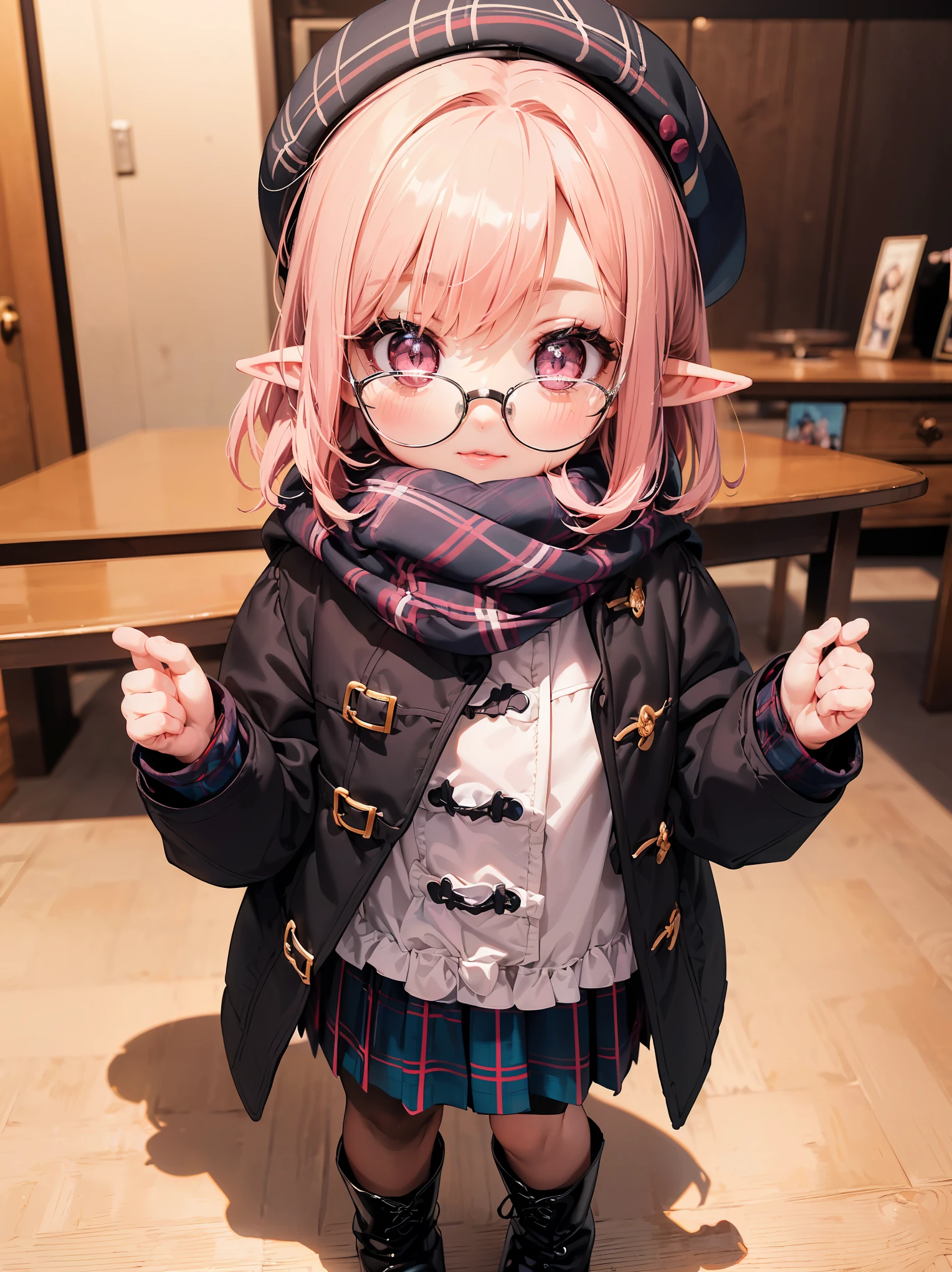 1 girl、((pink haired))), (((pink eyes))), (((pointy ears)))、(((cute glasses)))、(((信じられないほどbeautiful髪)))、(((glossy lips: 1.4)))(((dull bangs))), (((short hair))), (((beaver))), beautiful face, acura, anatomically correct, Highly detailed face and skin texture, fine eyes, double eyelid, thin eyebrows、 Pale Skin Official Fine Art，master piece，hyper detail、octane rendering、masterpiece、highest quality、official art、enlightenment、clear lines、(nice_color)、perfect composition、focal、acura, anatomically correct、 High resolution, beautiful detailed glow, table top*portrait, 3d face, Glossy skin all over the body, realistic, perfect face, (table top: 1.3), (maximum resolution: 1.2), (Ultra HDTV: 1.2), cinematic light, 8K resolution, Highly detailed face and skin texture, fine eyes, double eyelid, thin eyebrows, eyeliner、natural cheeks, Glossy skin, color白: 1.2, (glossy lips: 1.4),masterpiece、highest quality、Super detailed、((((5 years old:1.3))、(((infant:1.2)))、(((the cutest girl)))、(((infantの女の子)))（）、（Height 70cm）、（a little blush）、（young face）、（round face）、(beautiful, Gorgeous and cute beautiful girl 1.3),Little、 繊細でbeautiful髪, 繊細でbeautiful目と顔, (beautiful gorgeous cute western girl:1.3)(((flat chest)))(((very pretty face))))(((long eyelashes))))(((circular sparkling eyes))) (((For glossy and glossy lips)))(((cheeks slightly reddish:0.8)))(((Clean, straight nose bridge)))(((duffel coat、Scarf、beret、black tights、boots、tartan check miniskirt、Ruffles on skirts:1.5))(((cowboy shot:1.2)))(((slight smile:1.2)))
