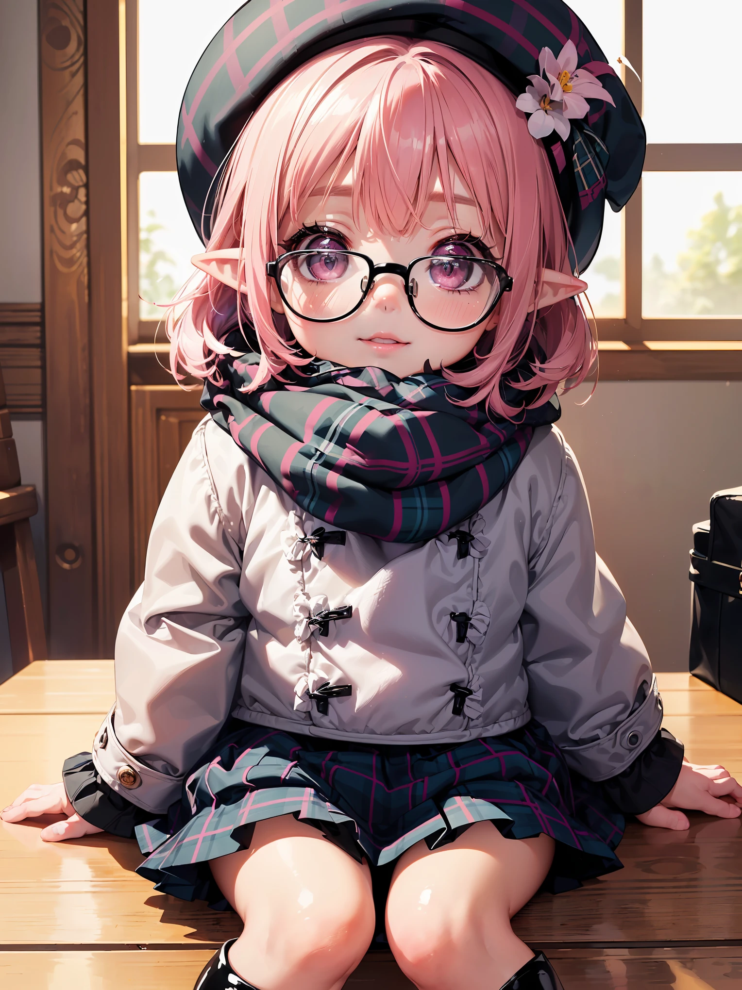 1 girl、((pink haired))), (((pink eyes))), (((pointy ears)))、(((cute glasses)))、(((信じられないほどbeautiful髪)))、(((glossy lips: 1.4)))(((dull bangs))), (((short hair))), (((beaver))), beautiful face, acura, anatomically correct, Highly detailed face and skin texture, fine eyes, double eyelid, thin eyebrows、 Pale Skin Official Fine Art,master piece,hyper detail、octane rendering、masterpiece、highest quality、official art、enlightenment、clear lines、(nice_color)、perfect composition、focal、acura, anatomically correct、 High resolution, beautiful detailed glow, table top*portrait, 3d face, Glossy skin all over the body, realistic, perfect face, (table top: 1.3), (maximum resolution: 1.2), (Ultra HDTV: 1.2), cinematic light, 8K resolution, Highly detailed face and skin texture, fine eyes, double eyelid, thin eyebrows, eyeliner、natural cheeks, Glossy skin, color白: 1.2, (glossy lips: 1.4),masterpiece、highest quality、Super detailed、((((5 years old:1.3))、(((infant:1.2)))、(((the cutest girl)))、(((infantの女の子)))()、(Height 70cm)、(a little blush)、(young face)、(round face)、(beautiful, Gorgeous and cute beautiful girl 1.3),Little、 繊細でbeautiful髪, 繊細でbeautiful目と顔, (beautiful gorgeous cute western girl:1.3)(((flat chest)))(((very pretty face))))(((long eyelashes))))(((circular sparkling eyes))) (((For glossy and glossy lips)))(((cheeks slightly reddish:0.8)))(((Clean, straight nose bridge)))(((duffel coat、Scarf、beret、black tights、boots、tartan check miniskirt、Ruffles on skirts:1.5))(((cowboy shot:1.2)))(((slight smile:1.2)))