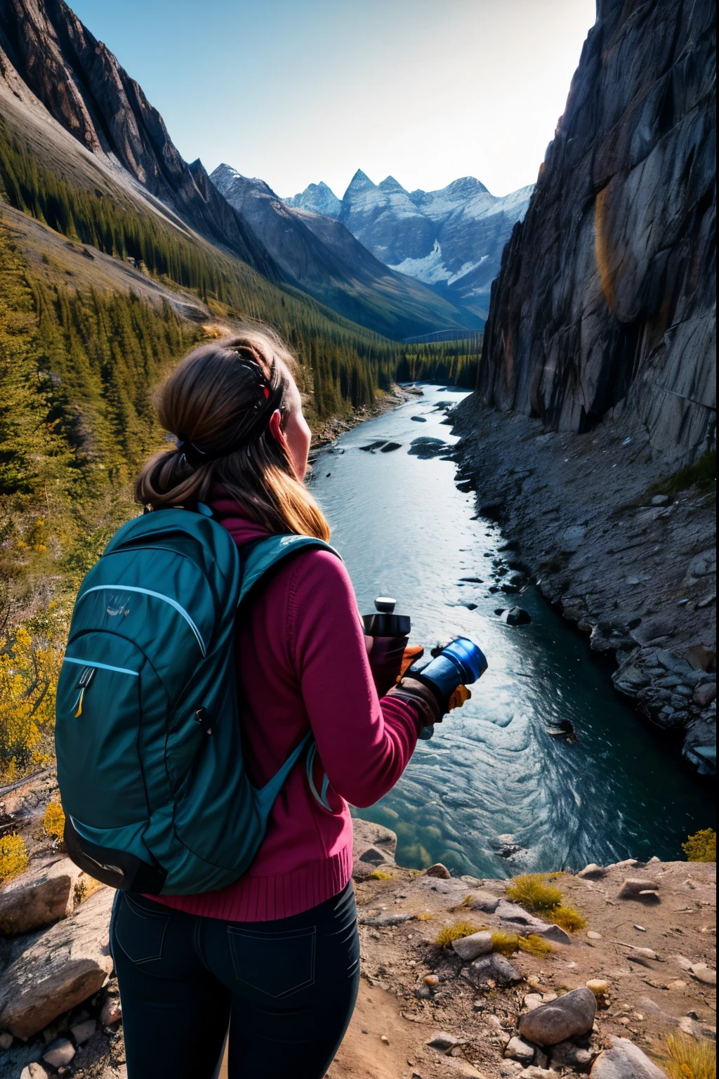 Portrait of a woman traveler, high up in the mountain, backpack, Camping stove, water bottle, gloves, sweater, flashlight, rocks, River, Wood,Summer,night, shadows, contrast, clear sky,Retro style, The 70s, cinematic light, side lighting, Masterpiece, Best quality, ultra detailed,ultra high resolution