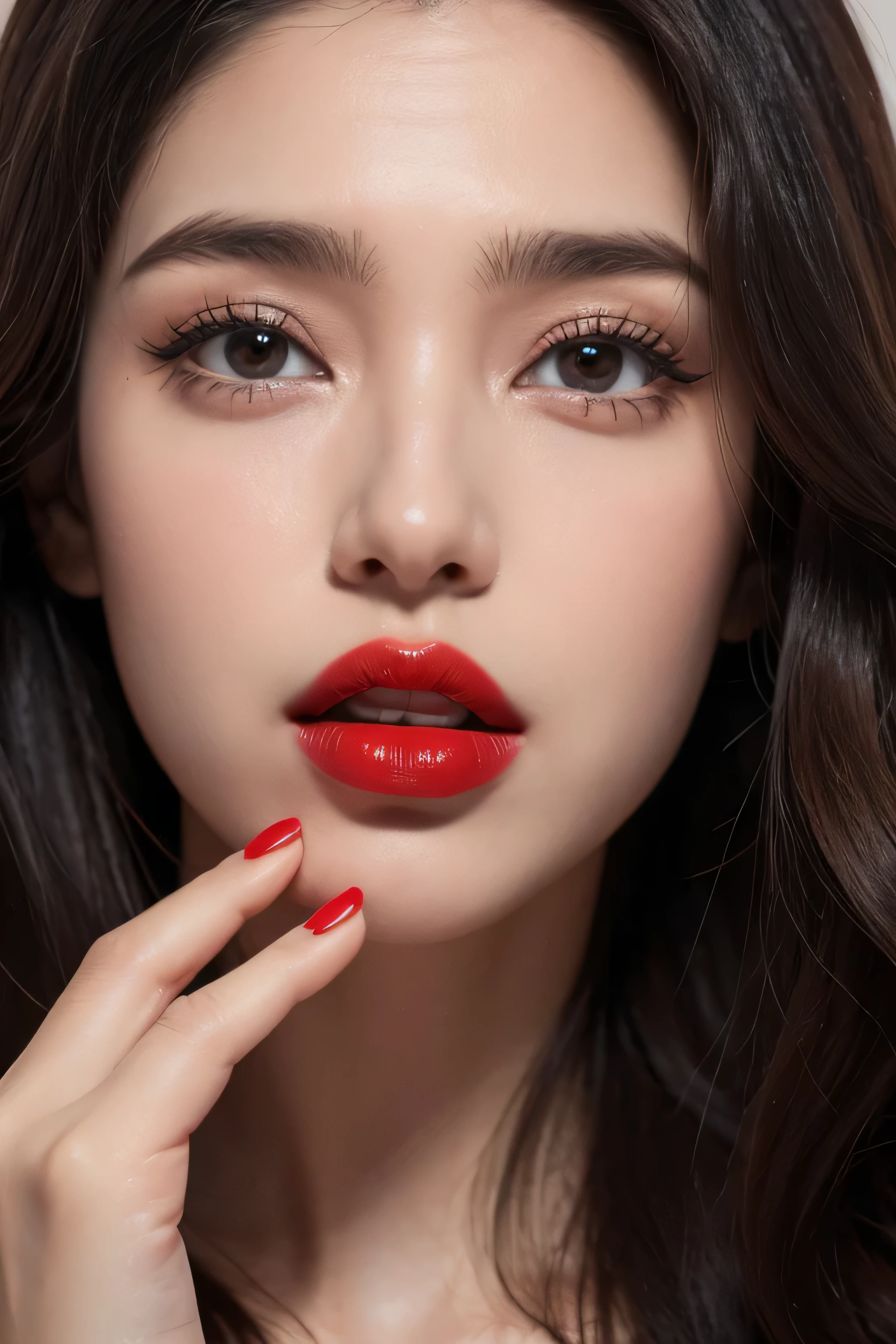 mulher com dedo na boca, asking for silence and with red lips