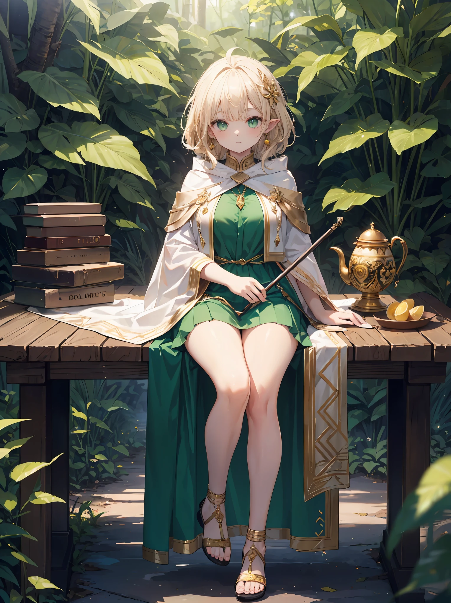 (original character、Unity 16k wallpapers, table top, highest quality, super detailed, Highly detailed CG, caustics, cinematic lighting, be familiar with, detailed and beautiful eyes, alone、oily skin), ultra high resolution, fine skin, (goblin, Plump), (strong light)、((brighten the subject))、cute 8 year old goblin、 same:1.4、Shiny Valley、white skin、green eyes、brown short wavy hair、Ahoge、long sideburns:1.4 、gold hair ornament、crystal earrings、long revealing green dress、gold accessories、white cloak、gold accessories、brown sandals、has a cane、in the forest、