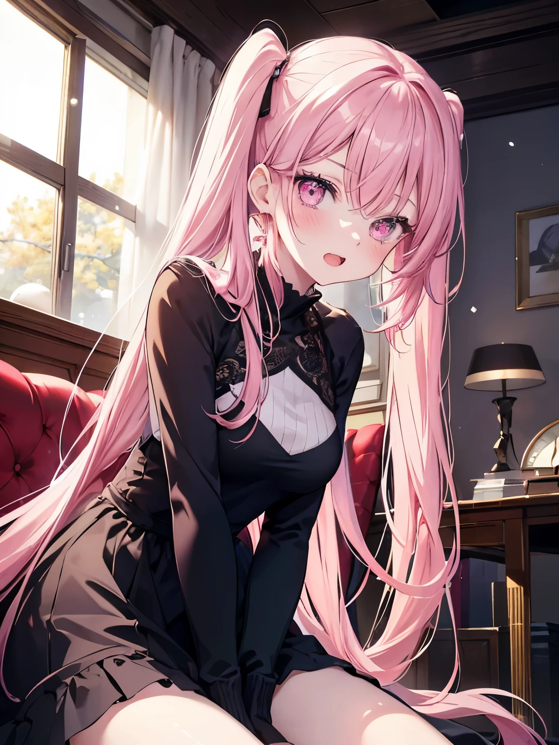 masutepiece, Highest Quality, (Perfect face:1.1), (high detailing:1.1), (ultradetailed eyes), Dramatic, superfine illustration, Extremely detailed,1girl in, teenager,(pale skin), Happy, Laugh, Enjoy,Open mouth,gloweyes,pinkhair, (long twintail),Ethereal eyes, pink eye,blush, Solo,Pouty lips,Cinematic lighting,looking up, upper body,Long sleeve,ball gown,morning,sunny,indoor,snow,winter,leaning forward,hand between legs