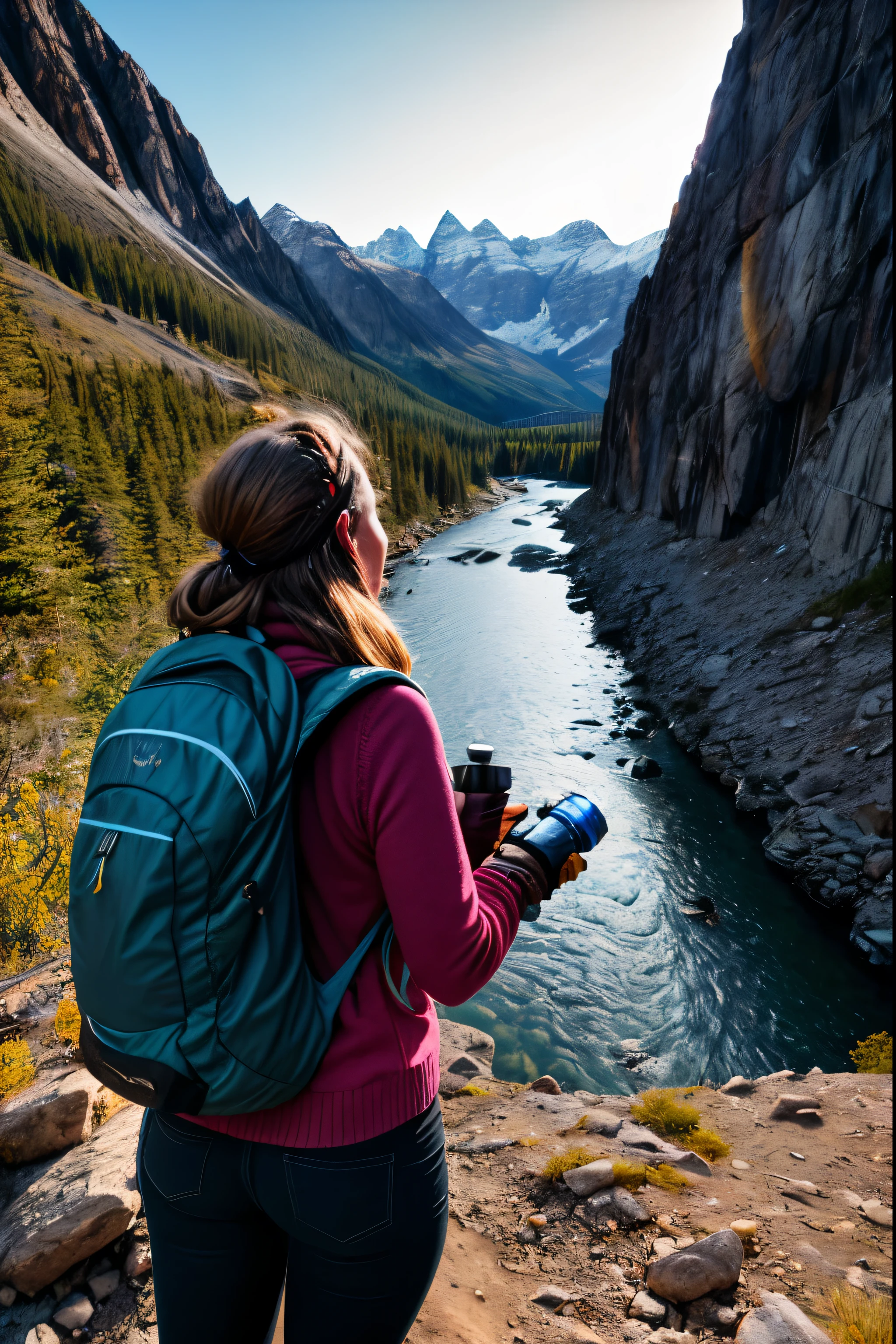 Portrait of a woman traveler, high in the mountain, backpack, Camping stove, water bottle, gloves, sweater, flashlight, rocks, River, Wood,Summer,night, shadows, contrast, clear sky,Retro style, 70s, cinematic light, side lighting, Masterpiece, Best quality, ultra detailed,ultra high resolution
