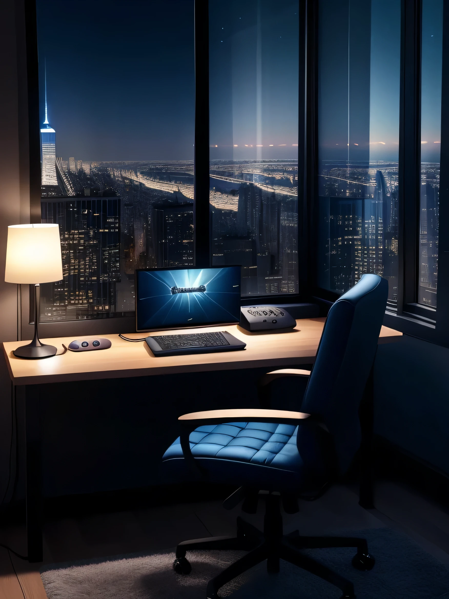 bedroom,screenlight,computer,(masterpiece,irl,ultra-detailed,extremely realistic), night,midnight,gaming chair, dark blue and navy atmosphere,window,city,New York, keyboard, gaming computer