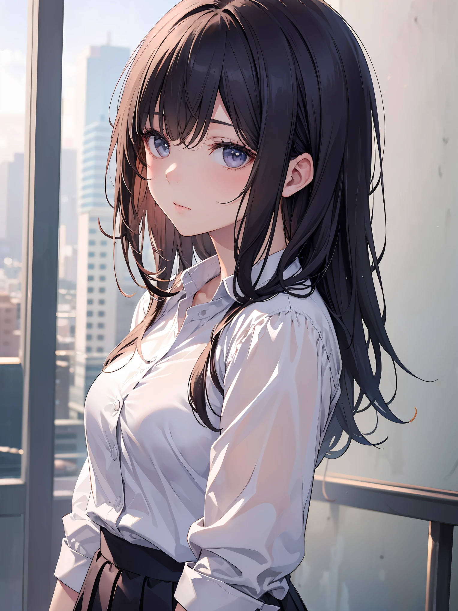 Masterpiece in every detail, top quality, realistic, one girl, solo, 1girl in、The shirt、skirt by the、Putting up with、In the midst of patience、Upper body portrait、