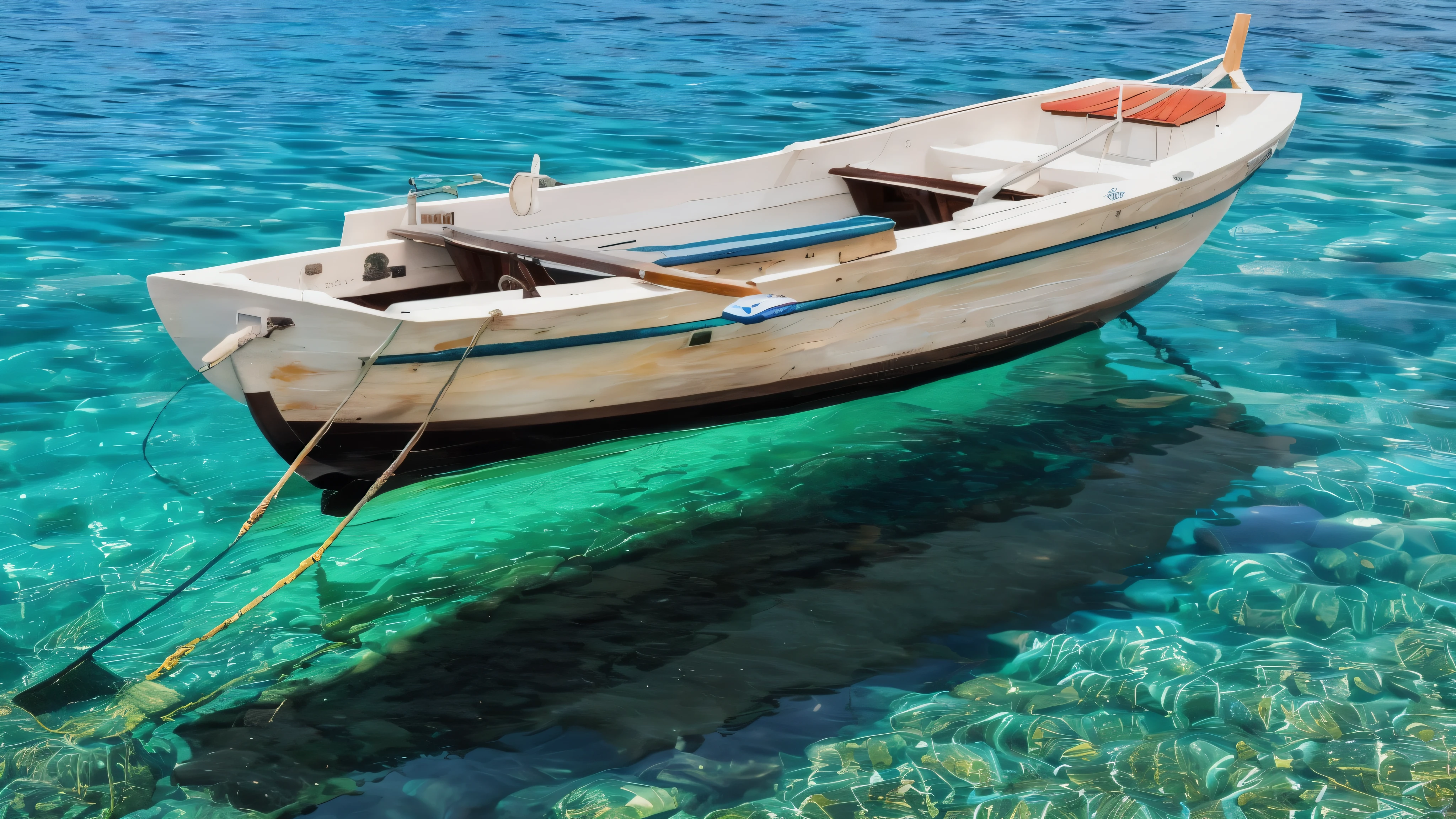 there is a small boat floating in the clear blue water, crystal clear water, boats in the water, with water and boats, clear water, small boat, wooden boat, one small boat, rowing boat, transparent water, crystal clear sea, clear blue water, turquoise water, small boat in the foreground, crystal clear blue water, fishing boat, amazing depth