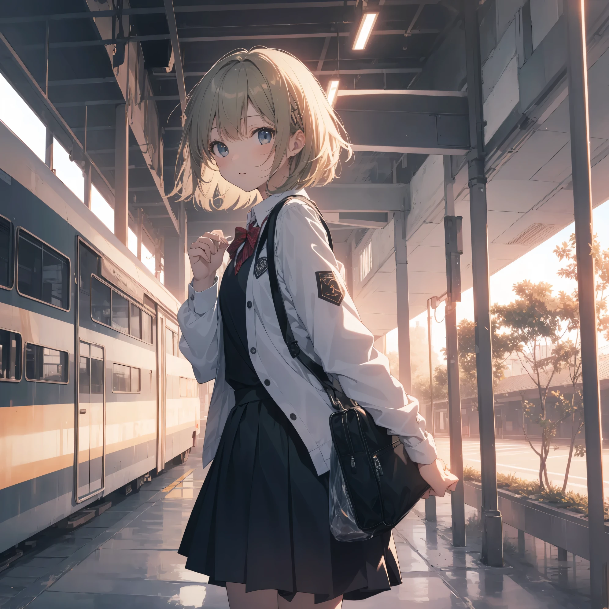 Ultra-highest quality by the art god, super detailed, High resolution, anime moe art style, Best Anime 8K Kona-chan Wallpaper, pixiv contest winner, perfect anatomy, break,(眠そうにalone学校へ行く女の子を描いてください. )break,1 girl, (alone,little woman, , :1.3),All limbs, full finger,, The charm of an immature body, (very short hair), bangs, bow, flat chest, Small Bodysuits, small ass, between legs, small black eyes, detailed and beautiful eyes, Well-proportioned iris and pupils, expressive eyes, High resolutionの詳細な髪, ribbon, neck ribbon, skirt, collared shirt, pleated skirt, school uniform, school bag,(detailed lighting), (detailed background), On the way to school. break,super dense skin, Best lighting by famous artists, 8k, cute illustration,Hmm, rough skin