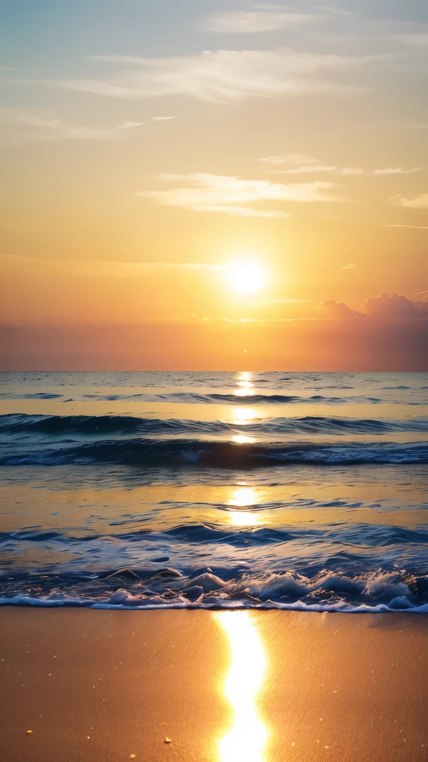 (best quality,4k,8k,highres,masterpiece:1.2),vibrant colors,beautiful sunset on the beach,serene waves crashing,soft golden light,reflection on the water,silhouettes of palm trees,distant seagulls,people enjoying the view,majestic clouds,calm and peaceful atmosphere,tranquil and serene scene,exquisite details,photorealistic rendering,impressive color palette,smooth sand,gentle breeze,unforgettable moment,unparalleled beauty,harmony of nature,awe-inspiring spectacle.