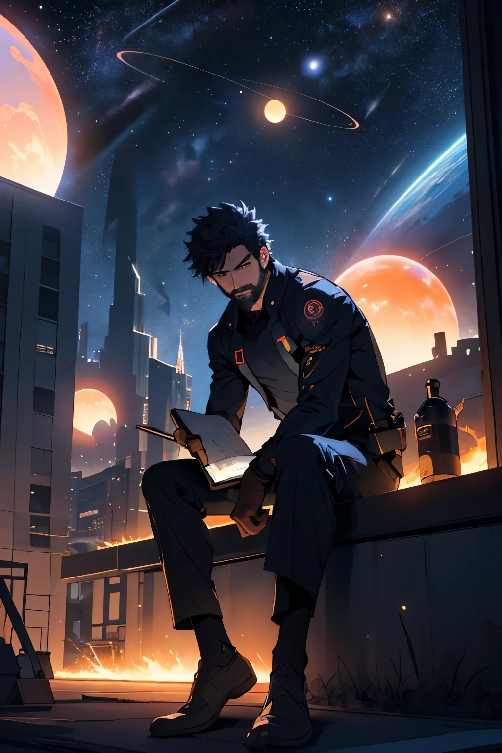 Draw a young programmer, sitting on a research platform floating in the middle of an apartment roofdeck. He is studying with a notebook, surrounded by several asteroids glowing with fiery auras.
Dramatic lighting from distant stars and planets illuminates the scene, casting deep shadows on the suit. The young man looks confident and determined, looking at the vast and mysterious
city skyline with wonder and respect,facial hair, cowboy shot,