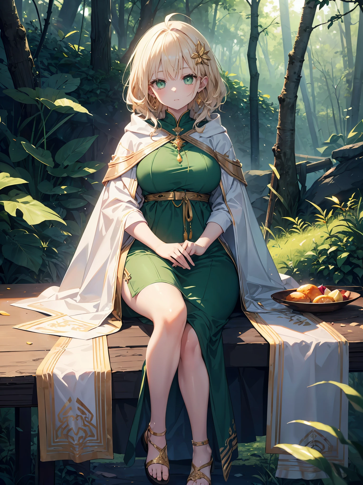 (original character、Unity 16k wallpapers, table top, highest quality, super detailed, Highly detailed CG, caustics, cinematic lighting, be familiar with, detailed and beautiful eyes, alone、oily skin), ultra high resolution, fine skin, (goblin, Plump), (strong light)、((brighten the subject))、cute 8 goblin、 same:1.4、Shiny Valley、white skin、green eyes、brown short wavy hair、Ahoge、long sideburns:1.4 、gold hair ornament、crystal earrings、long revealing green dress、gold accessories、white cloak、gold accessories、brown sandals、has a cane、in the forest、