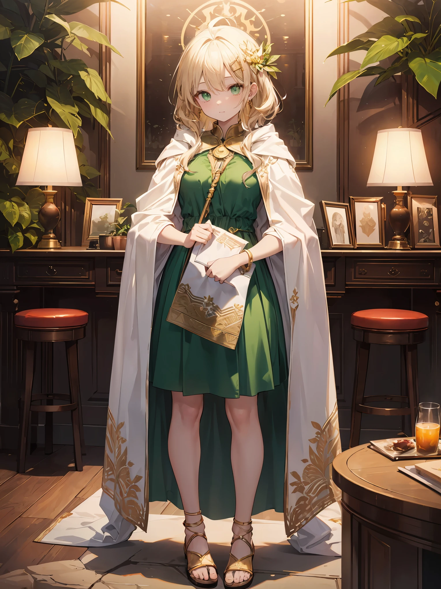 (original character、Unity 16k wallpapers, table top, highest quality, super detailed, Highly detailed CG, caustics, cinematic lighting, be familiar with, detailed and beautiful eyes, alone、oily skin), ultra high resolution, fine skin, (goblin, Plump), (strong light)、((brighten the subject))、cute 8 year old goblin、 same:1.4、Shiny Valley、white skin、green eyes、brown short wavy hair、Ahoge、long sideburns:1.4 、gold hair ornament、crystal earrings、long revealing green dress、gold accessories、white cloak、gold accessories、brown sandals、has a cane、in the forest、
