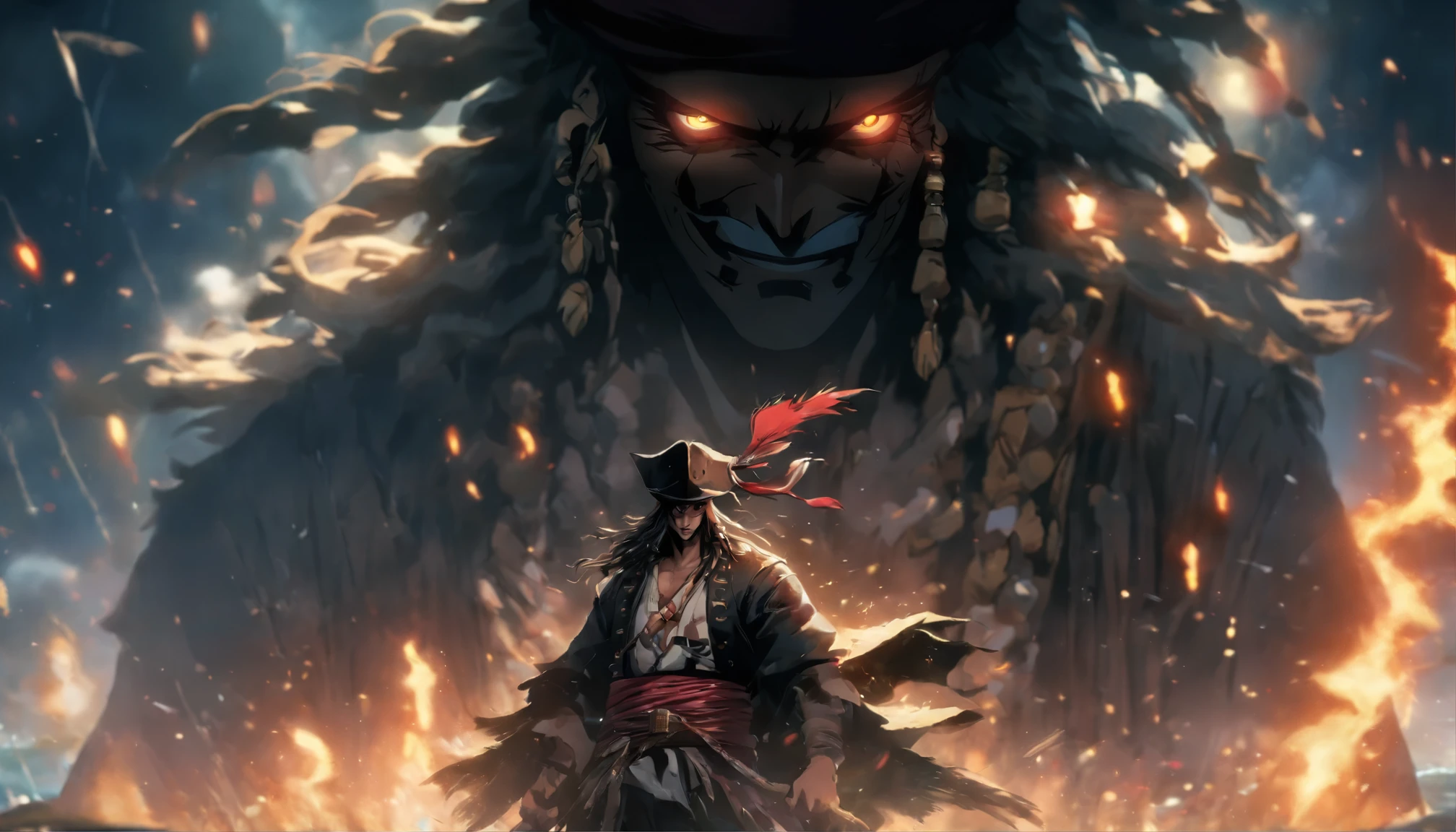 A young pirate, scar on his eyebrow, red pirate hat, pirate ship behind him, white skin, (((masterpiece))), ((best quality)), (extremely detailed), watercolor, illustration, depth of field, sketch, dark intense shadows, sharp focus, soft lighting, hdr, colorful, good composition, fire all around, spectacular, black eyes, japanese clothes, best quality, very high resolution, detailed CG in 4K, masterpiece, Ogoun, war, blood, machete, black clothes, voodoo mythology, aesthetics, beautiful image, centered on screen, the whole body, no earings Masterpiece, Best Quality, A young man in the costume of a Japanese god, Long black waist-length hair with white stripes, holds a flashlight in the form of an eye in his hand, stands on the surface of the water, resolution 2048X1152