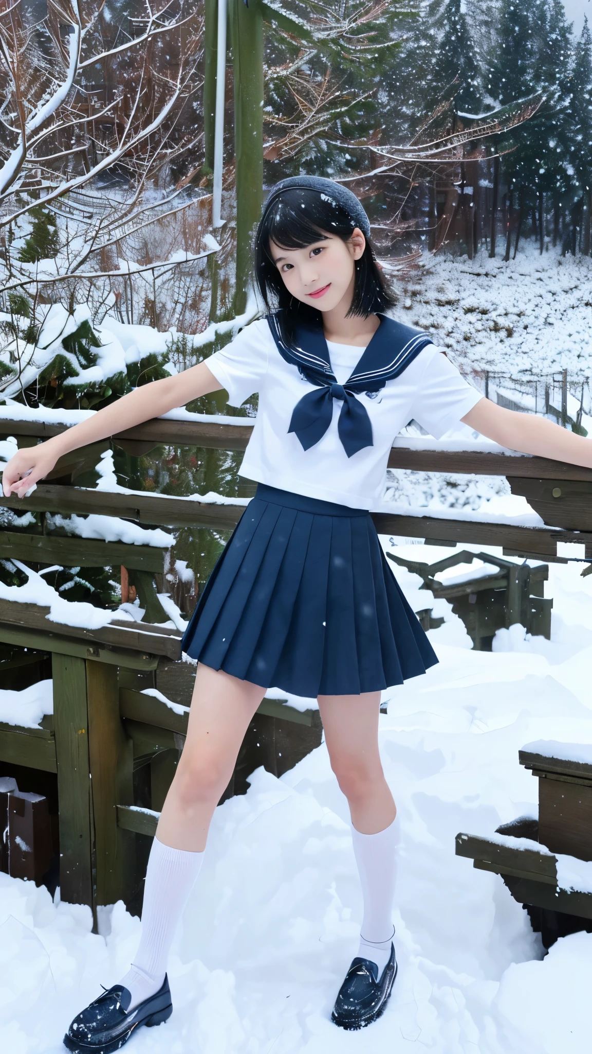 (in 8K、RAW Photos、top-quality、​masterpiece:1.2), (realisitic、Photorealsitic:1.37), ultra-detailliert, high resolution, 1girl in, a closeup, Raw feet, A dark-haired, black eyes, japanese, color contact lens, (beautiful legs:1.3), (slender girl:1.4), a beauty girl, (Thin legs:1.3), a sailor suit, , high-school girl, JK, Ultra mini skirt, Dark blue pleated skirt, Short socks, Tri-fold socks, white sock, (short sleeves:1.3), (black loafers shoes:1.3), Full body, (standing:1.2), (heavy snowing:1.3), (deep snow:1.1),(dark_skin:1.3),(tanned_skin:1.3)