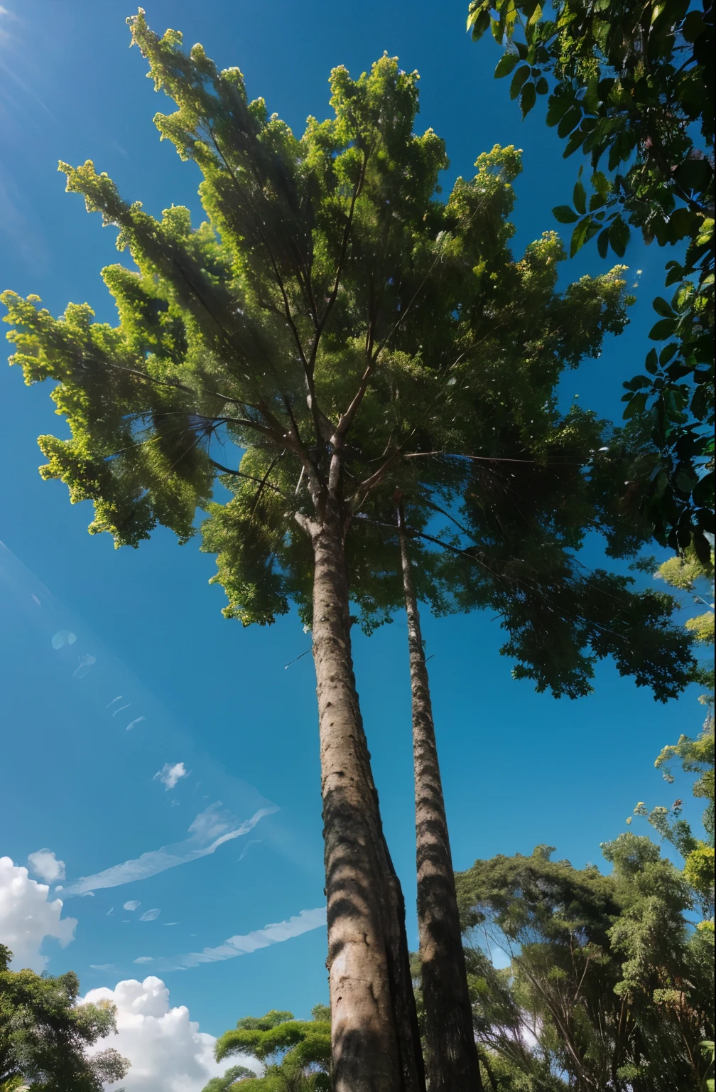 Photorealistic image of a tree, Brazilian jequitibá, foto da arvore inteira,muito bem detalhada,with sun rays penetrating the treetop, Blue sky,dia bonito,image only of jequitibá
