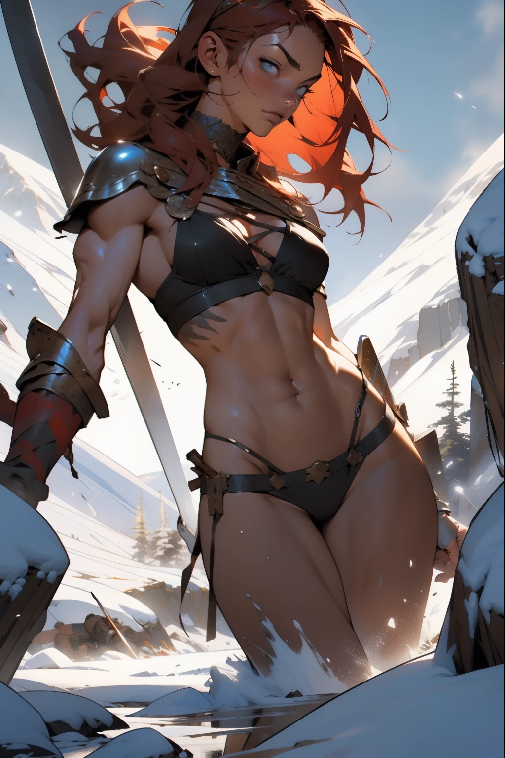 ((erotic masterpiece)), ((Simon Bisley)), Beautiful full-bodied woman, 20 years old, muscular and perfect body, (((Viking warrior)))), long dark orange hair with moths and with little clothing, tiny thong, (((rusty metal bra)))), polar bear skin covering her back, large breasts, generous neckline, ((holding a Nordic sword)), brave face, dark kingdom, sexy pose, walking in a wilderness, Icy mountains in the background, medieval era